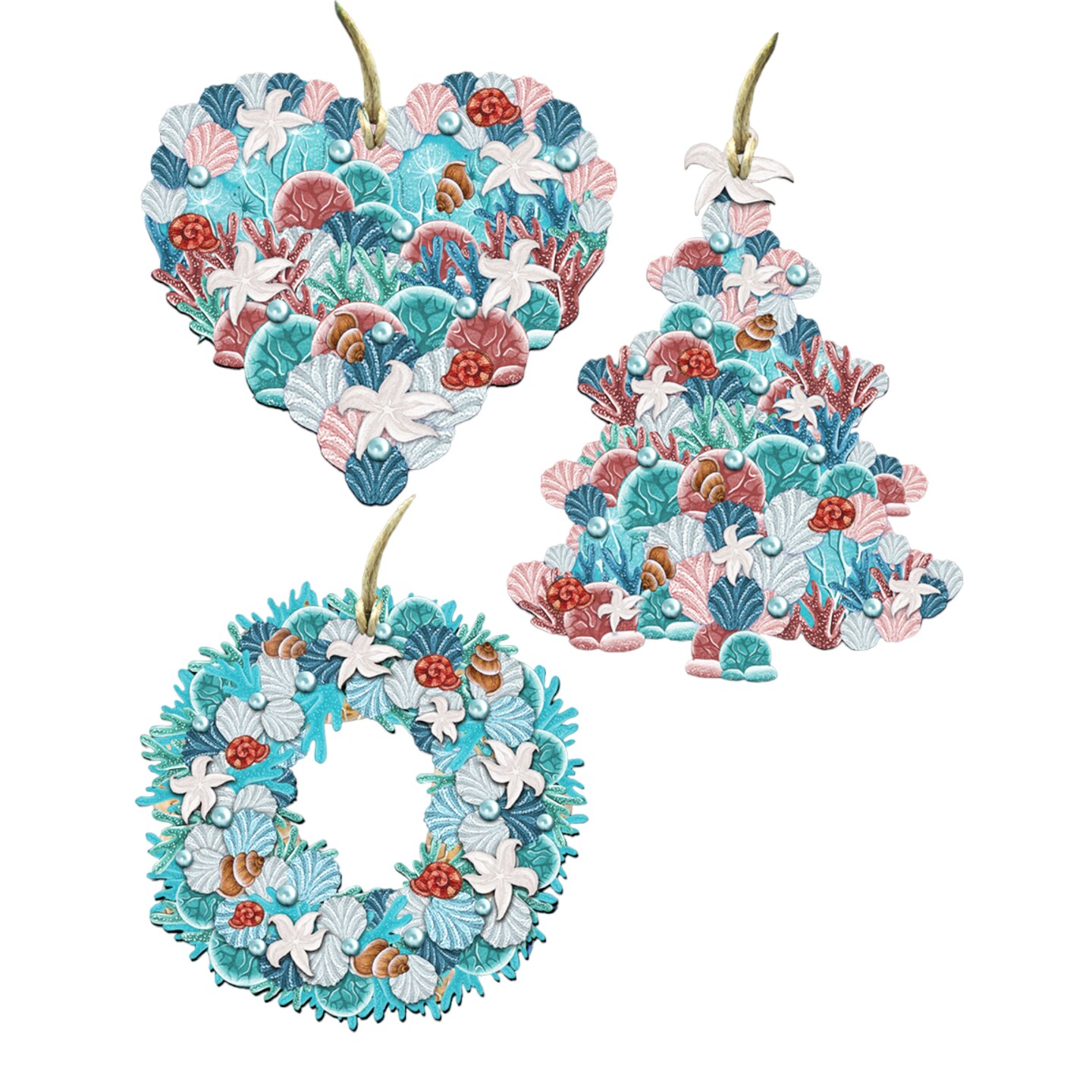 Designocracy Set of 3 Coastal Heart Christmas Tree and Wreath Wooden Ornaments 5.5&#x22;