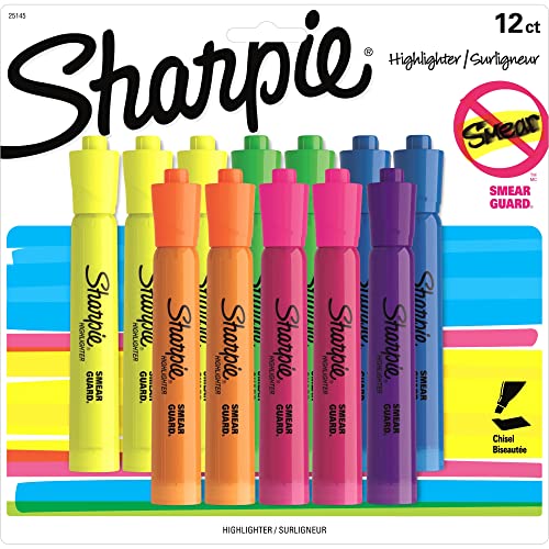 12 Count,Tank Style Highlighters, Chisel Tip, Assorted