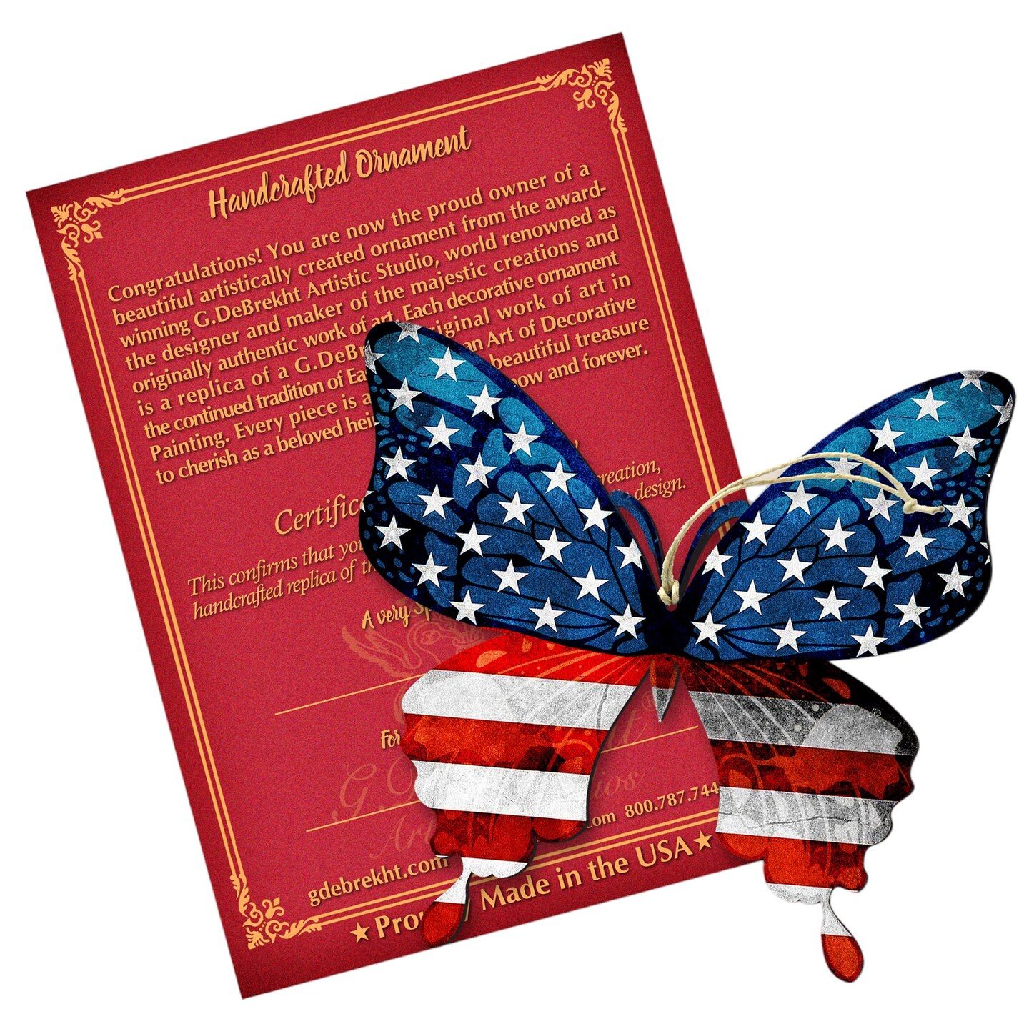 Designocracy Set of 2 Patriotic American Flag Butterfly Wooden Ornaments 5.5&#x22;