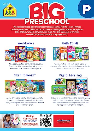 Big Preschool Workbook - 320 Pages, Ages 3 to 5, Colors, Shapes, Numbers, Early Math, Alphabet, Pre-Writing, Phonics, Following Directions, and More (School Zone Big Workbook Series)