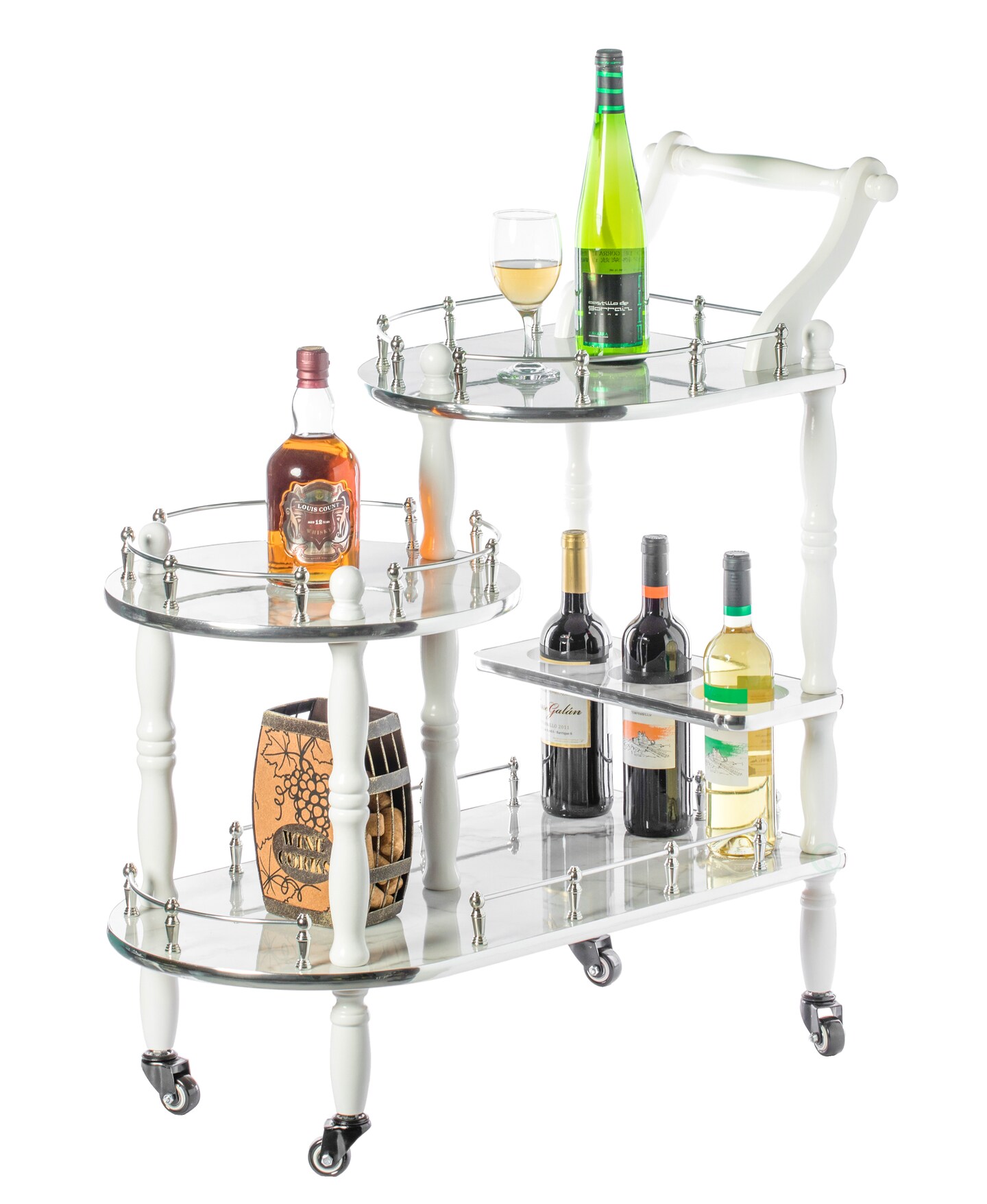 Wood Serving Bar Cart Tea Trolley with 3 Tier Shelves and Rolling Wheels