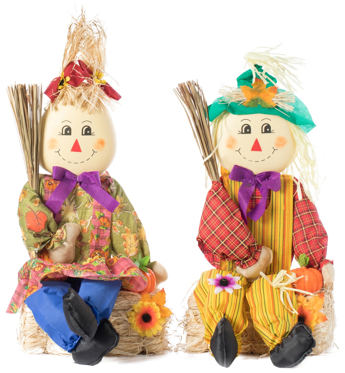 Gardenised 26 Inch Outdoor Set Featuring Boy and Girl Garden Decoration Scarecrow, Seated on Hay Bales Perfect for Adding a Festive Touch to Your Halloween Decorations, Fall or All Time Season