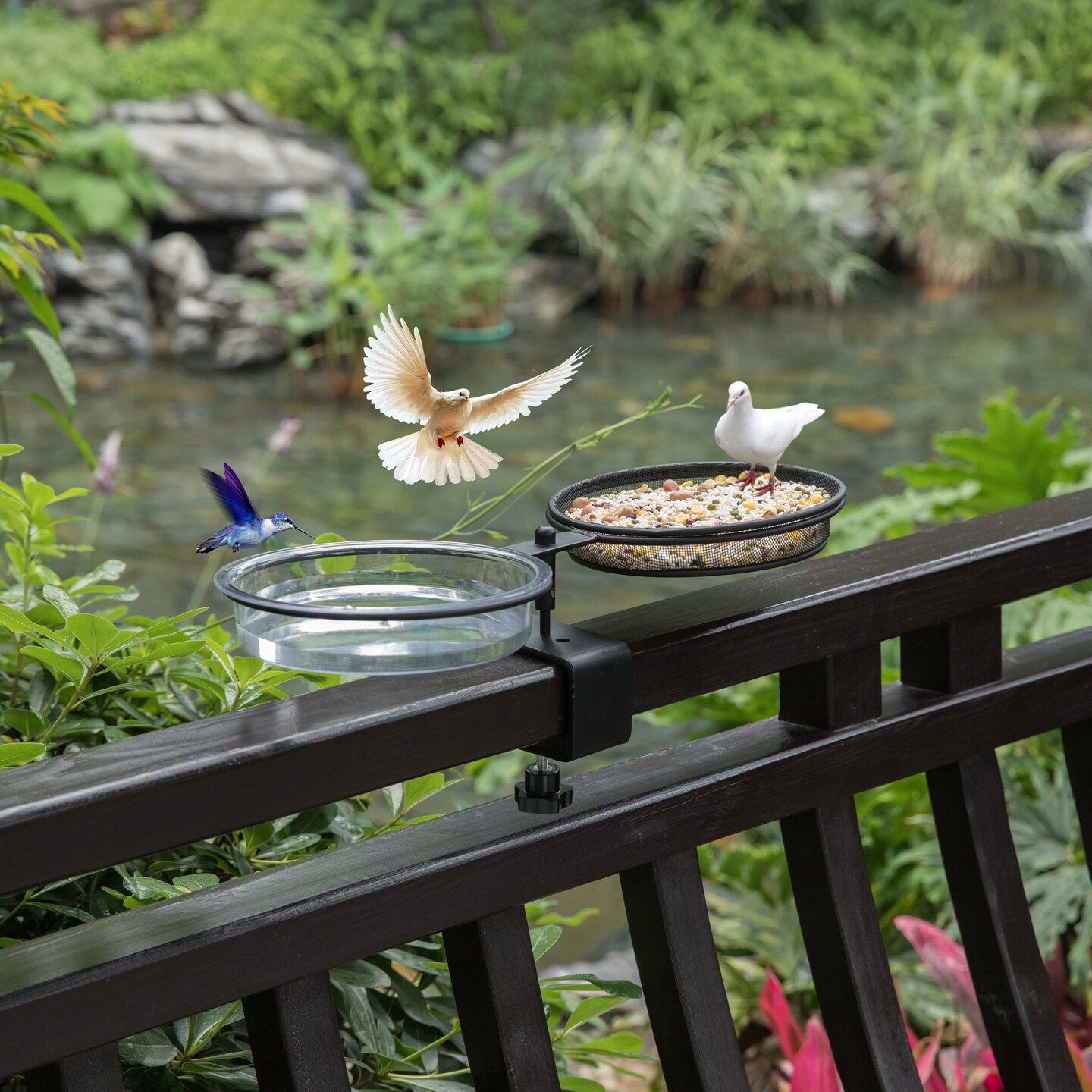 Outdoor Round 2 in 1 Deck Mounted Bird Bath Bowl Railing Bird Mesh Tray Feeder with Adjustable Clamp