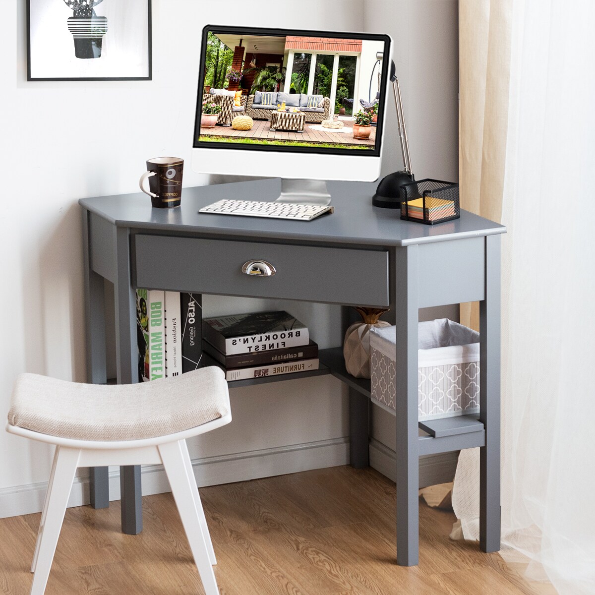Costway Triangle Computer Desk Corner Office Desk Laptop Table w/ Drawer Shelves Rustic Grey