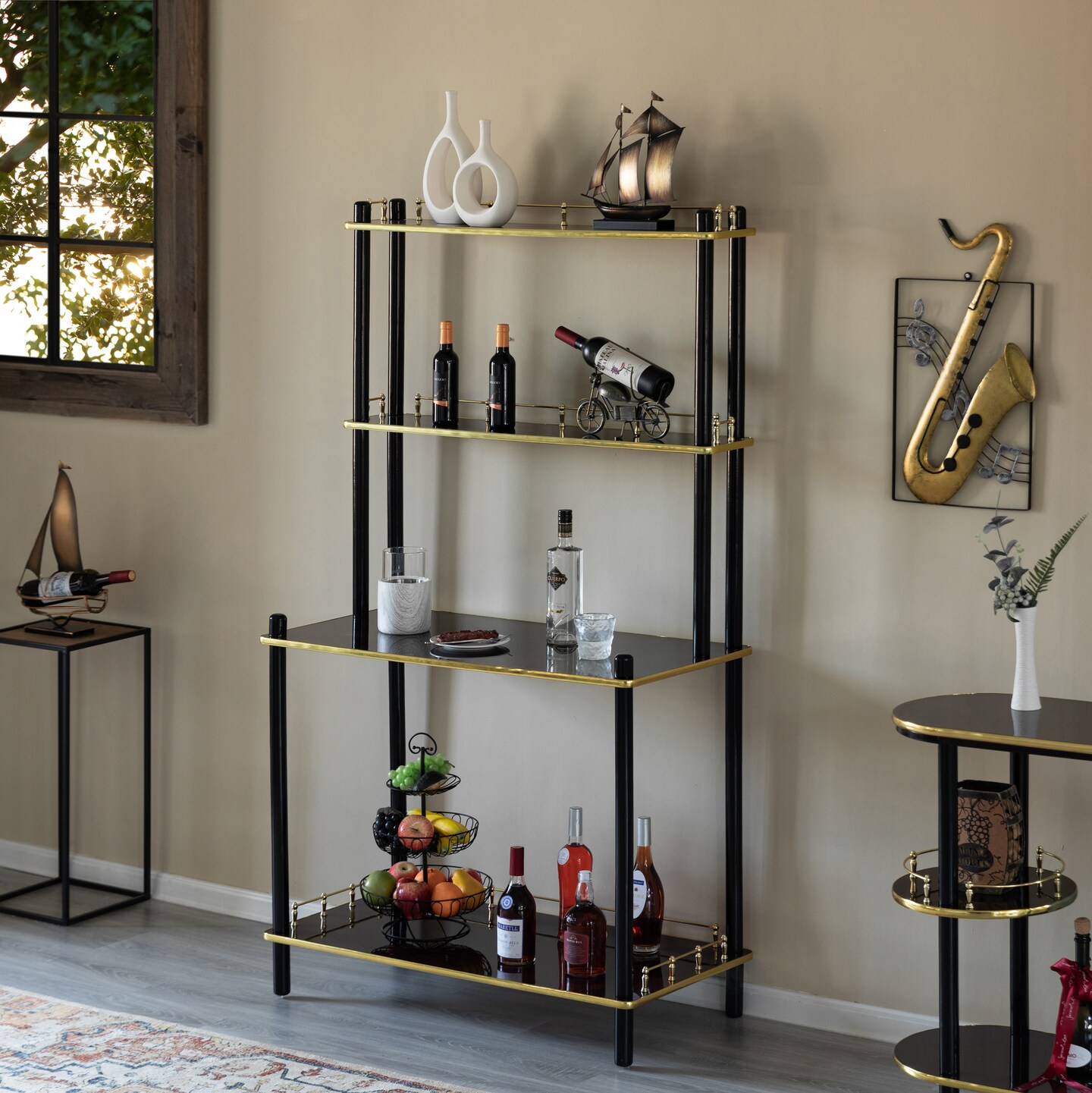 Classy and Elegant 4 Tiered Multifunctional Wooden Open Bar Shelves, Modern Console Table, Coffee Bar Accessories, Coffee Bar Cabinet, Tea Bar and Wine Bar Table