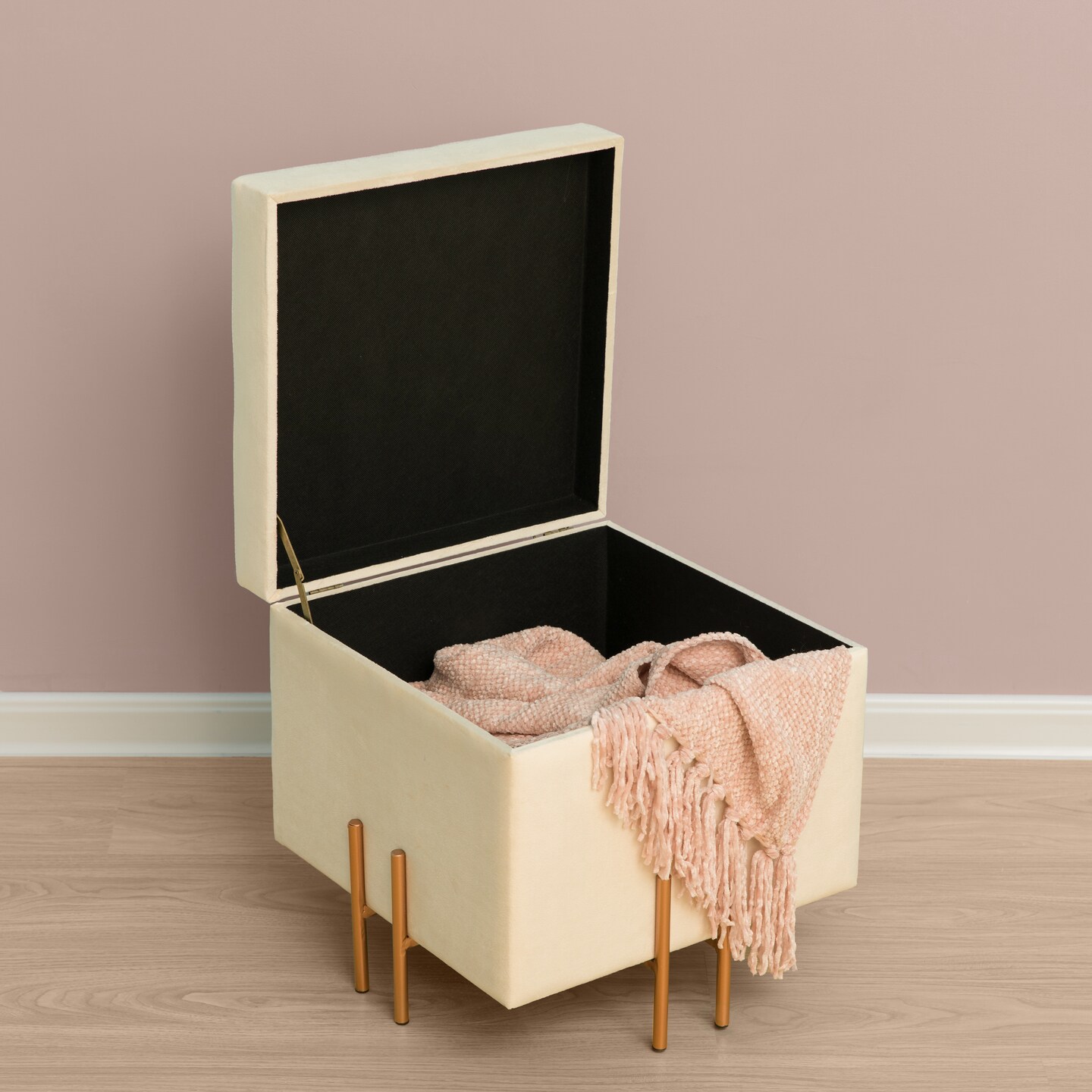 Square Velvet Storage Ottoman with Rose Gold Legs