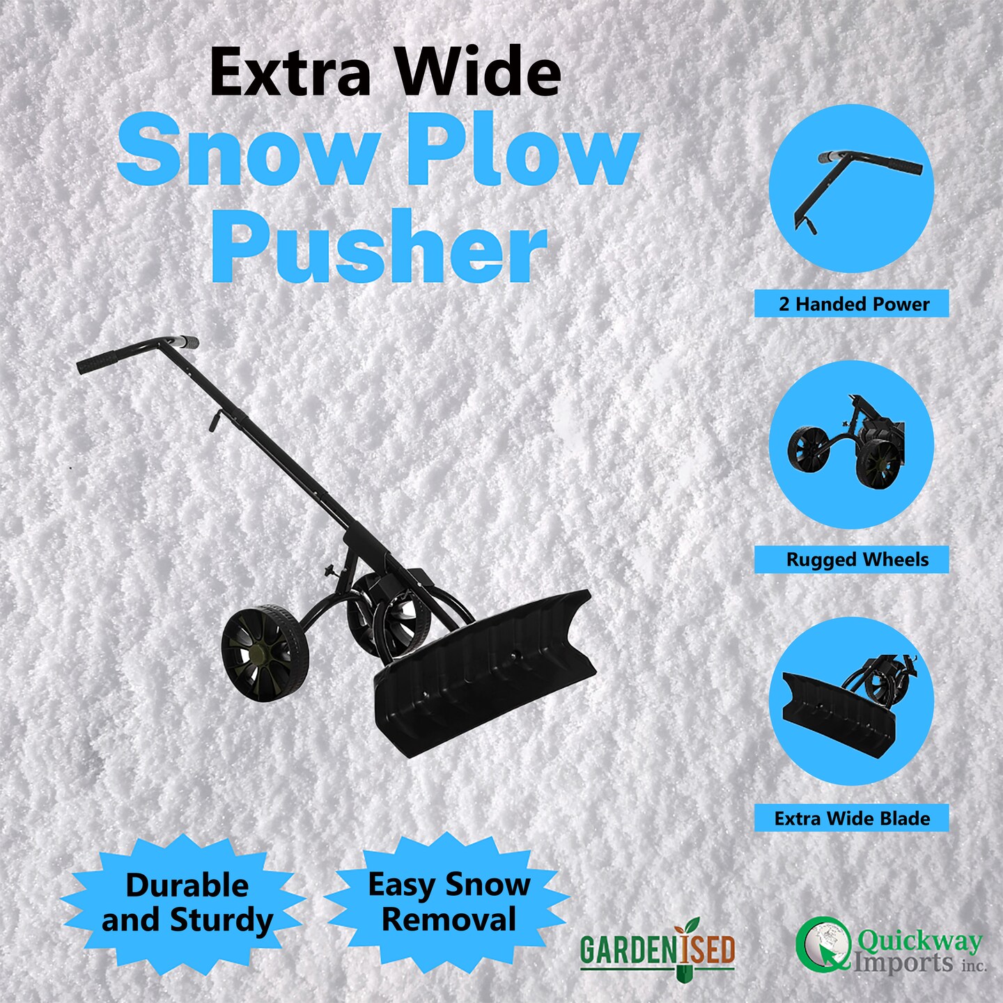 Extra Wide 36 in. Snow Shovel Plow Pusher Remover with Large Rugged Wheels, Heavy Duty, Black