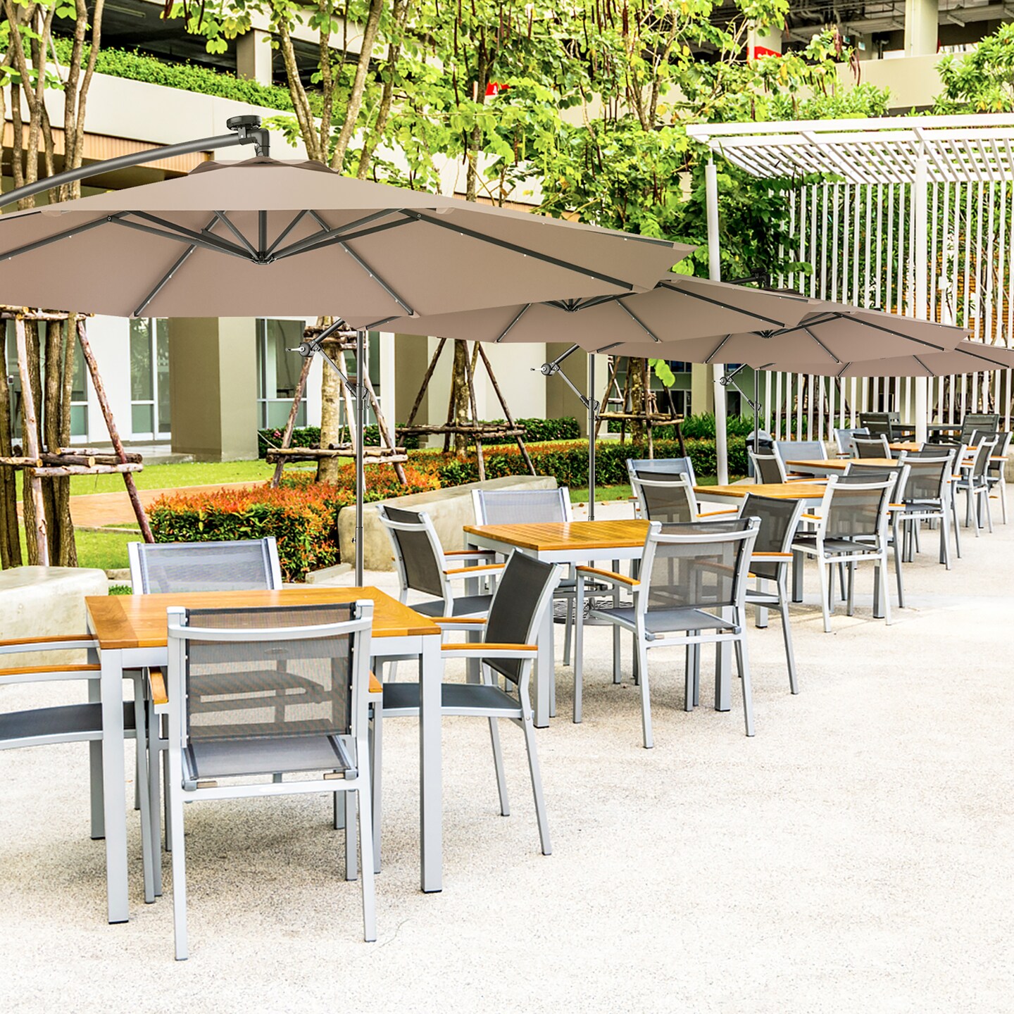 Costway 10&#x27; Hanging Solar LED Umbrella Patio Garden Sun Shade Offset Market W/Base Tan