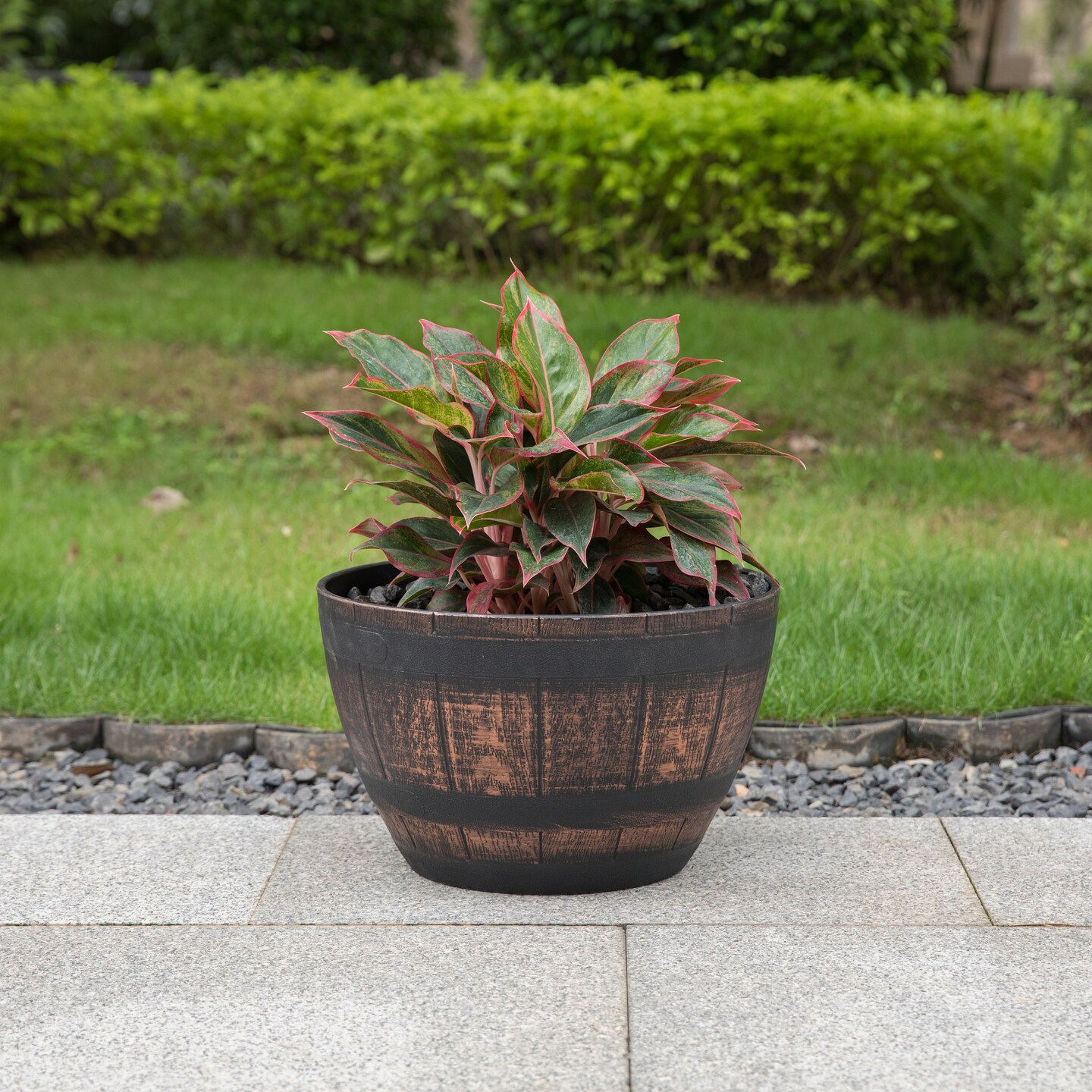 Brown Outdoor Rustic Half Barrel Flower Garden Planter Bowl, Plastic