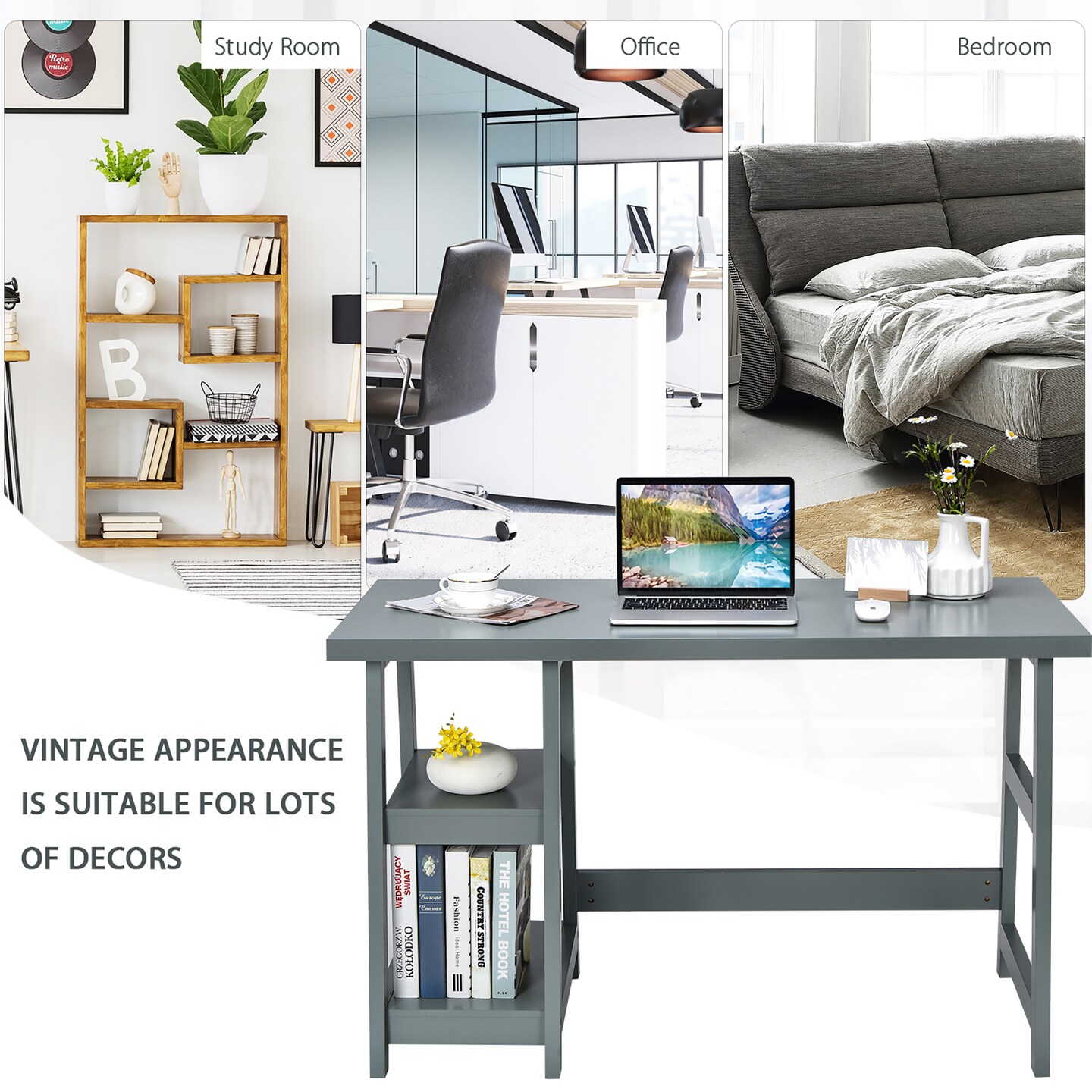 Costway Trestle Computer Desk Home Office Workstation w/Removable Shelves Vintage BlueWhite