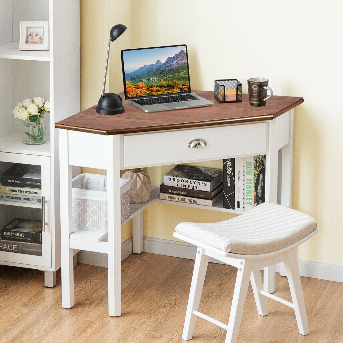 Costway Triangle Computer Desk Corner Office Desk Laptop Table with Drawer Shelves Rustic Brown&#x26;Black/White/Black/Coffee/Grey/Natural&#x26;White