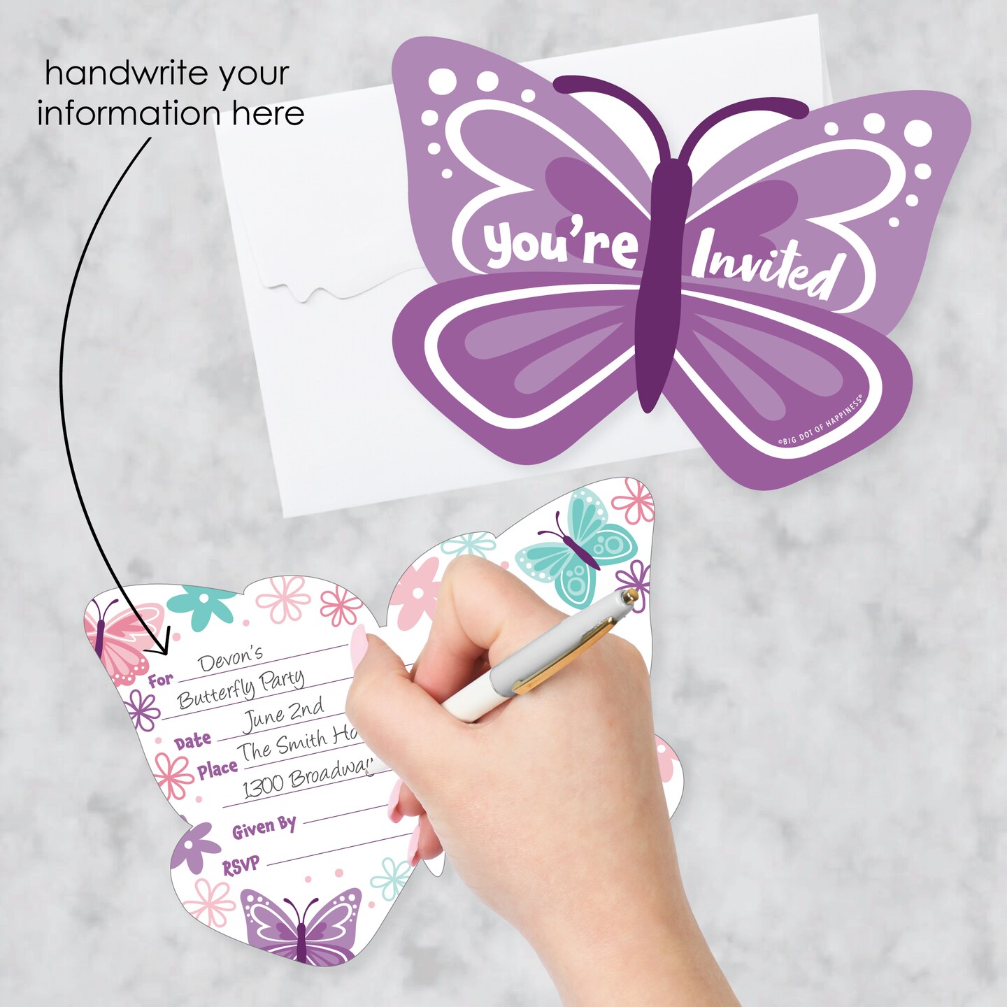 Big Dot of Happiness Beautiful Butterfly - Shaped Fill-In Invitations Floral Baby Shower or Birthday Party Invitation Cards with Envelopes - Set of 12