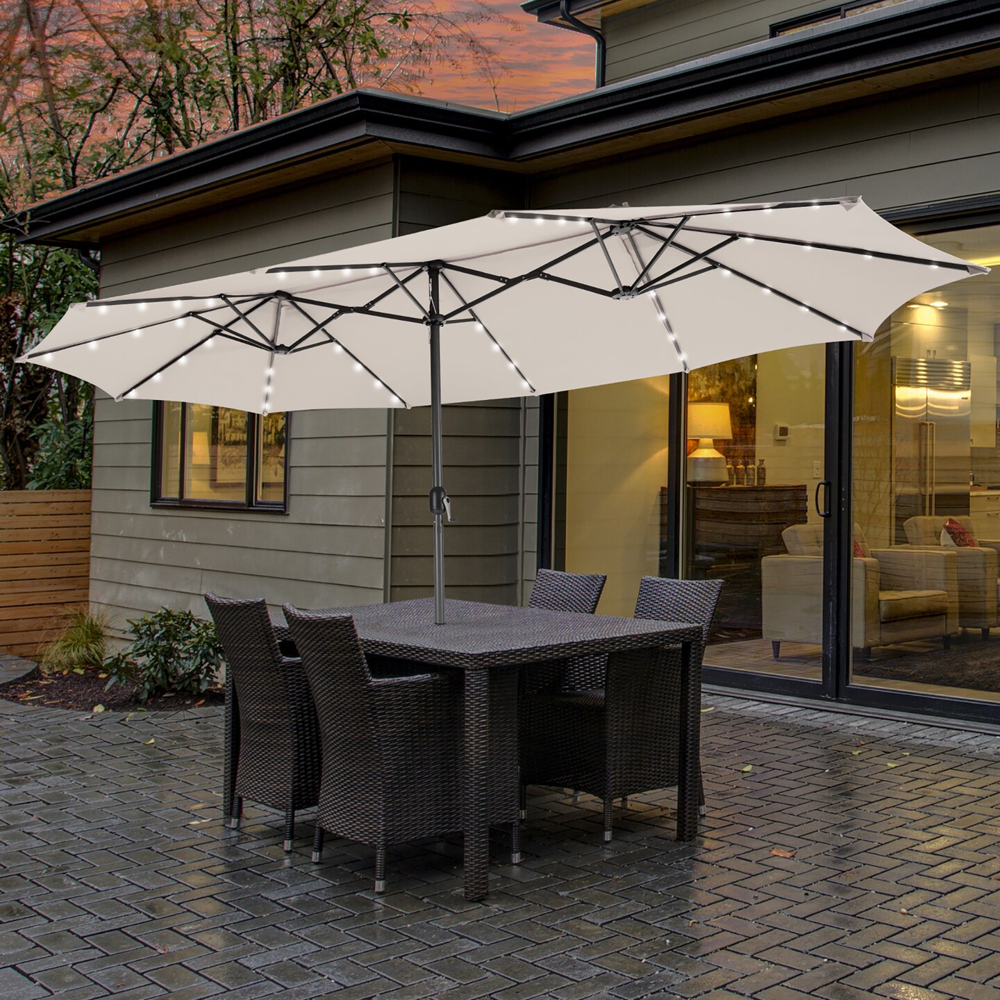 Costway 15FT Twin Patio Double-Sided Umbrella 48 Solar LED Lights Crank Outdoor Wine\Beige\Coffee\Orange\Turquoise