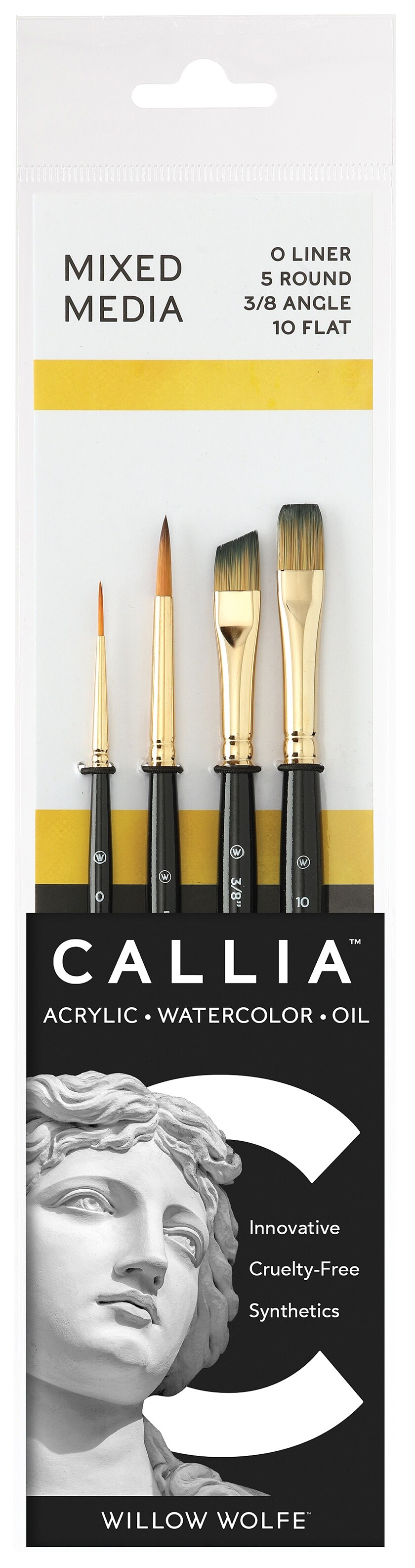 Willow Wolfe Callia Artist Mixed Media Starter Brush Set-Liner, Round, Angle, Flat