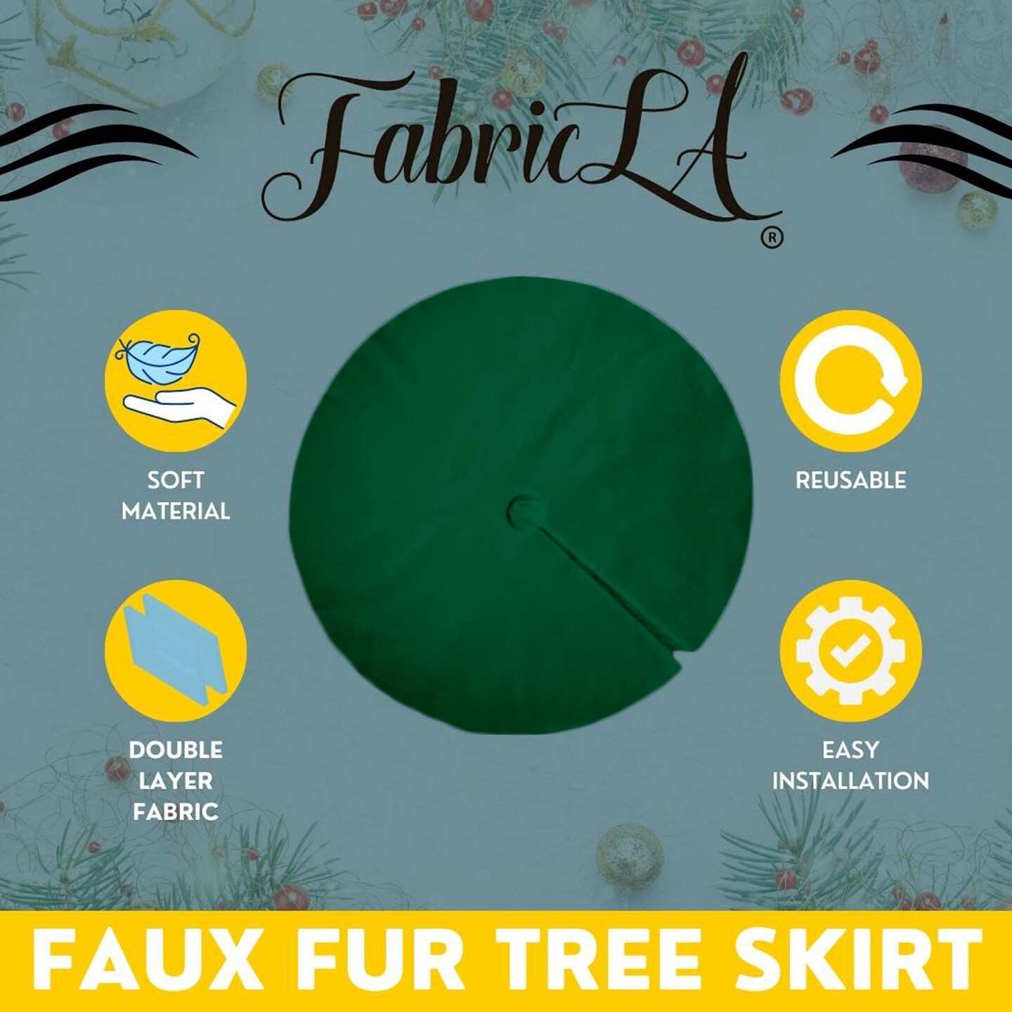 FabricLA 36&#x22; Kelly Green Faux Fur Christmas Tree Skirt - Fluffy Plush Tree Skirt (91cm) for Holiday Decorations