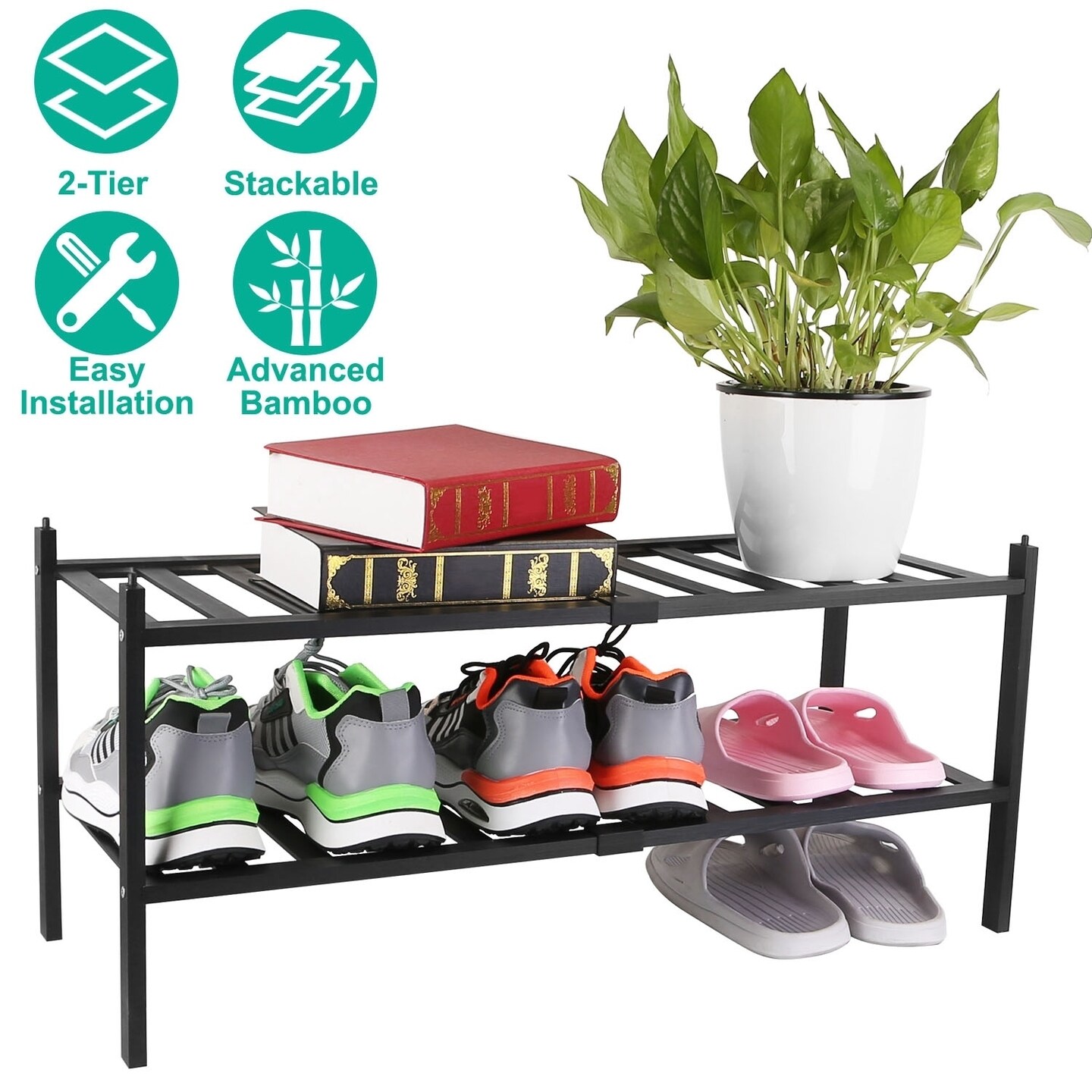 Bamboo Shoe Rack 2-Tier Stackable Organizer Black Small Space Storage 27.6In