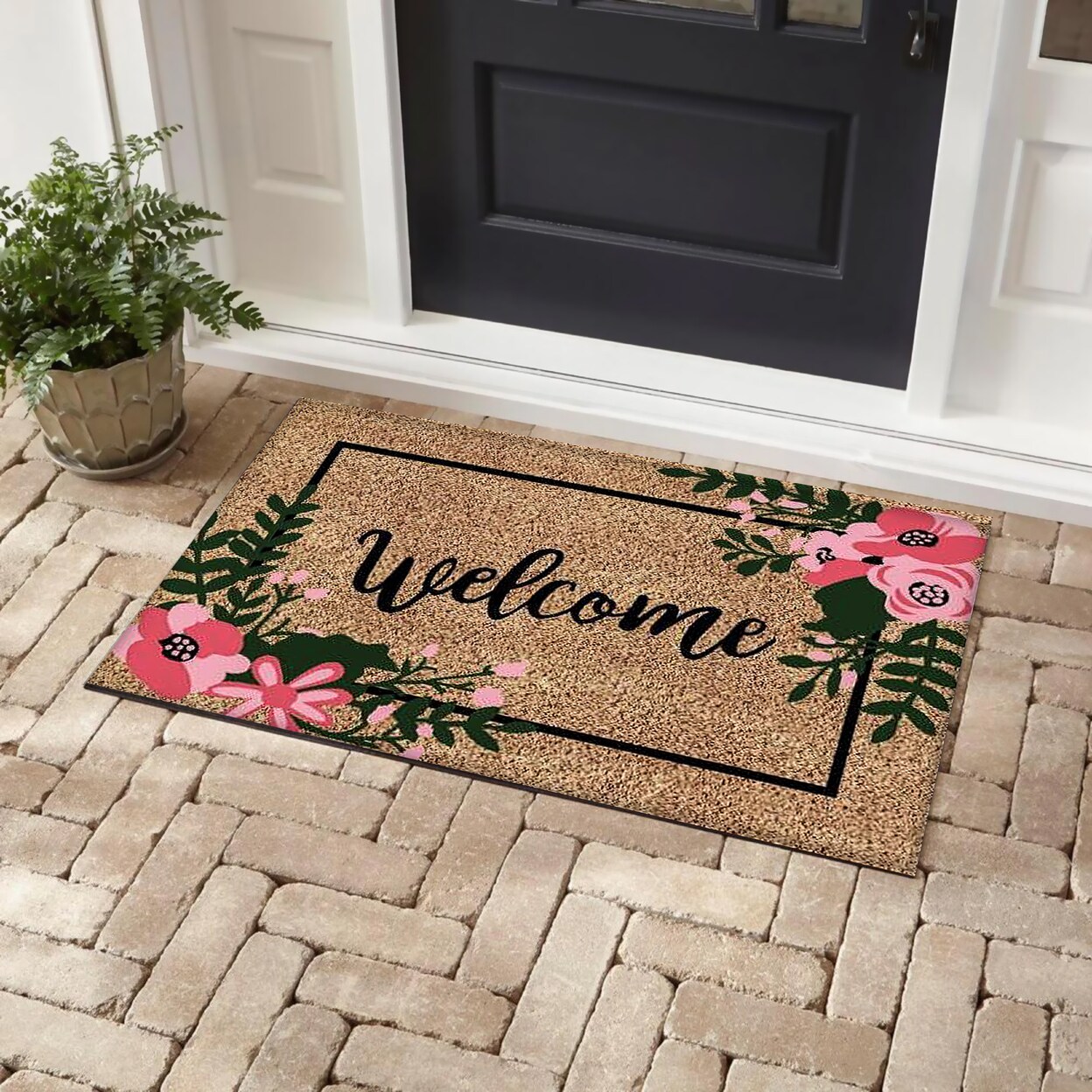 thumbnail image 2 of Kempf Black Border Coco Coir Doormat, 18" X 30", Non-Slip Backing, Heavy Duty Natural Fiber Front Door Welcome Entrance Mat, Low Clearance, Outdoor Indoor 2 of 12