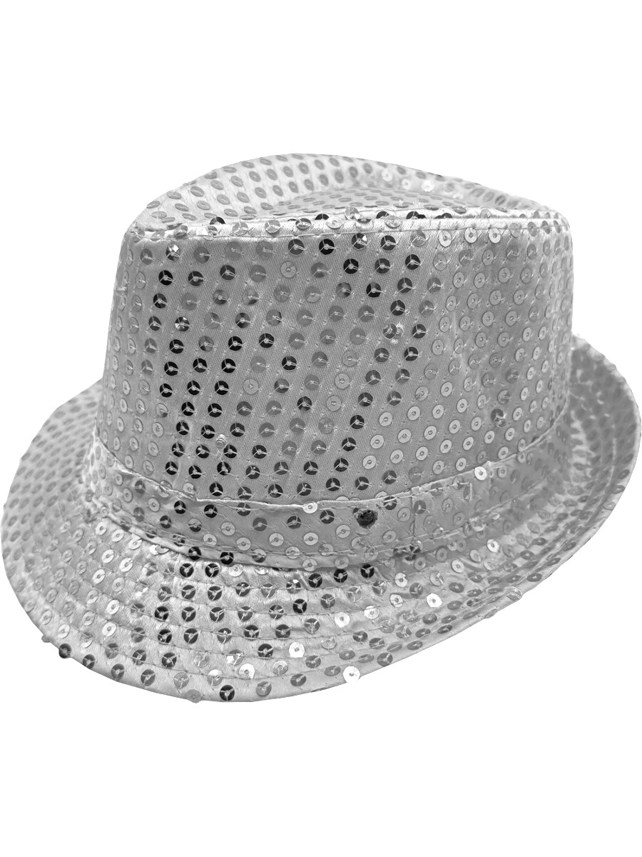 Adult's LED Light Up Silver Sequin Fedora Jazz Hat Costume Accessory