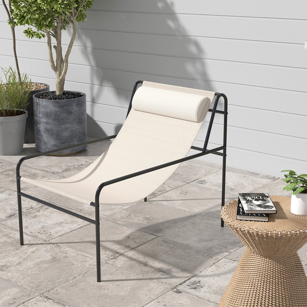Patio Sling Chair Modern Accent Chair W/ Removable Headrest And Sturdy Metal Frame