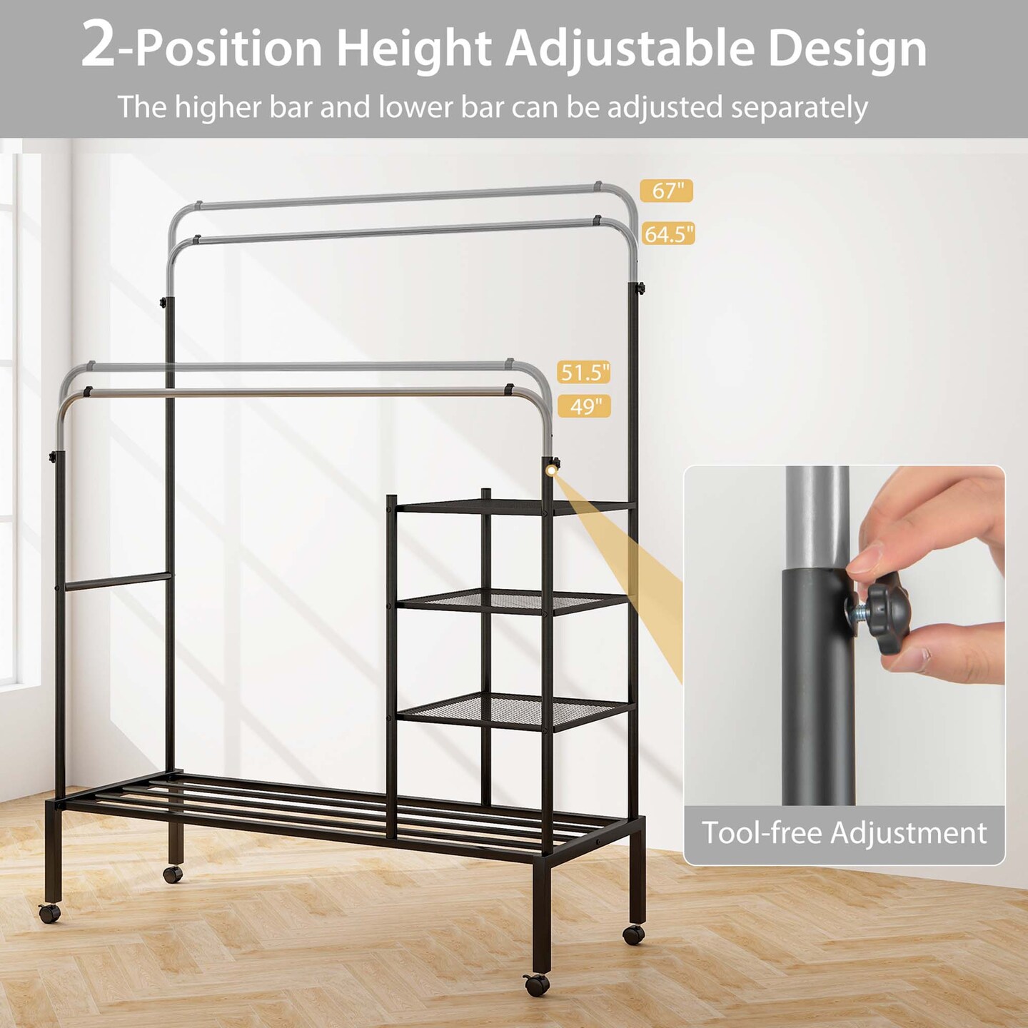 Costway Rolling Clothes Drying Rack Double Rods Garment Rack with Height Adjustables Gold/Silver