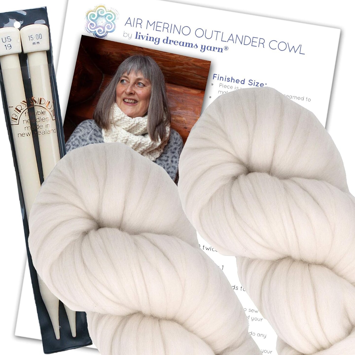 Merino Cowl Knitting Kit: Soft and Thick #7 Weight Jumbo Yarn, Knitting Needles and Pattern. Beginner. Everything Included, Great for Gifts