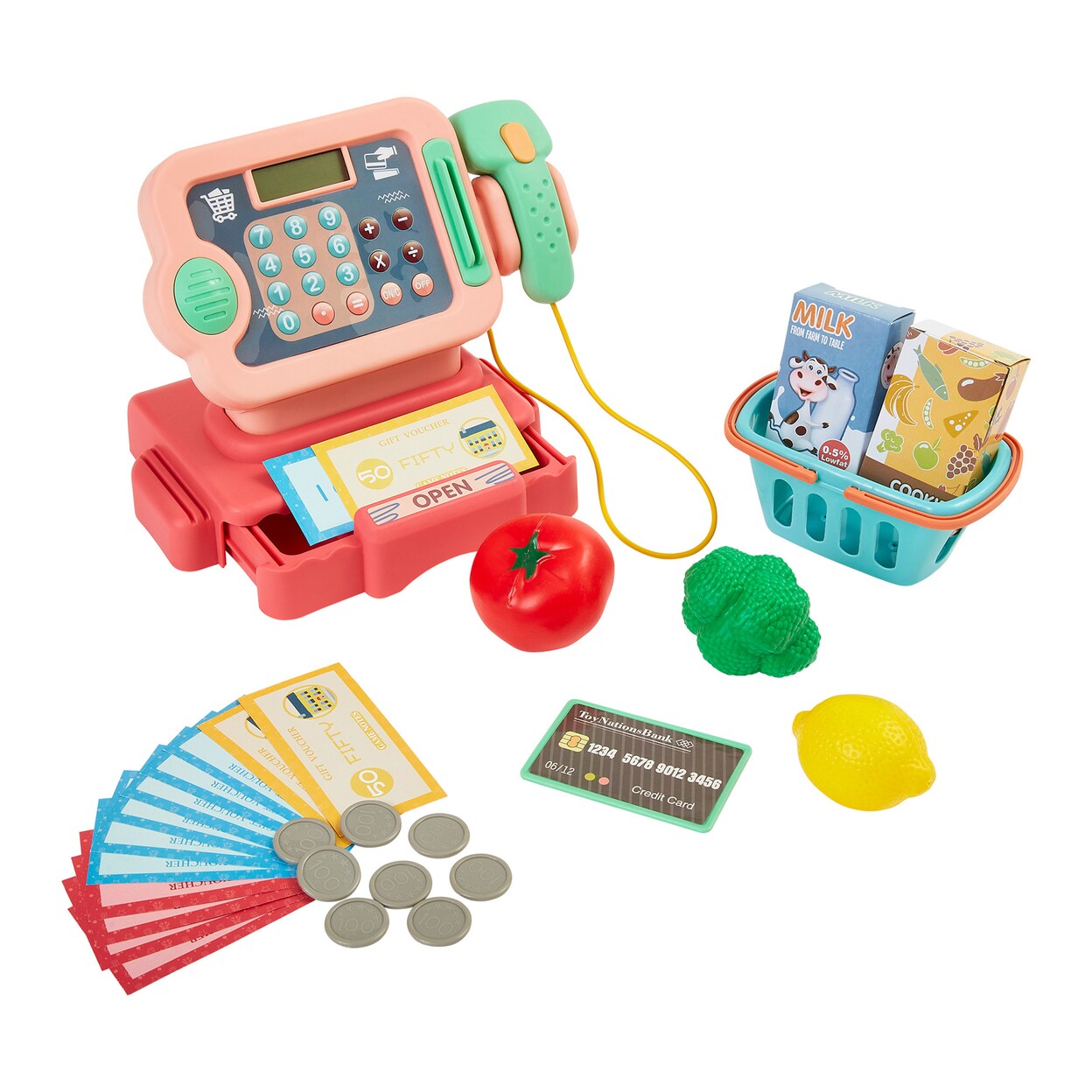 Pink Cash Register Play Toy Set 30 Pc Kids Grocery Store Money Calculator
