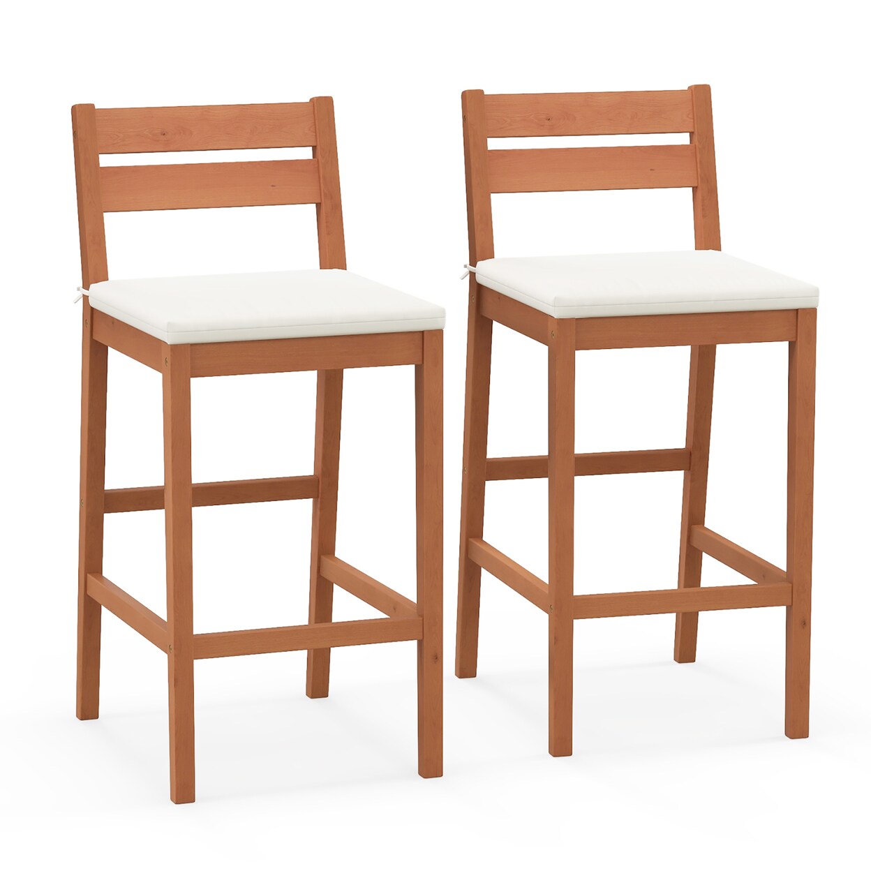 Gymax Patio Eucalyptus Wood Bar Stools Set of 2 Outdoor Bar Height Patio Chairs w/ Cushions
