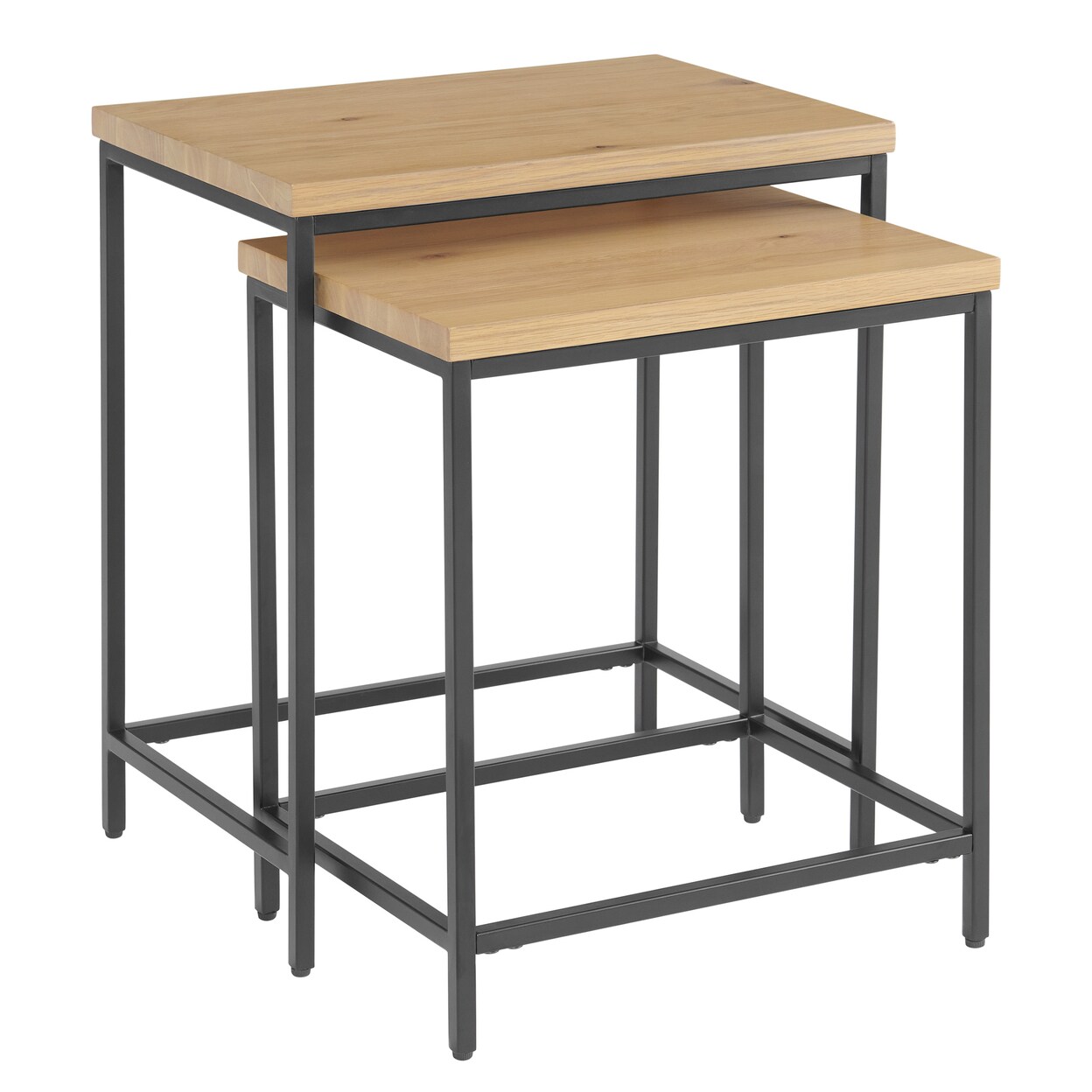 Modern Nesting Side Tables Set Of 2 Mdf Wood Oak Tops Metal Bases 21 24 Inch