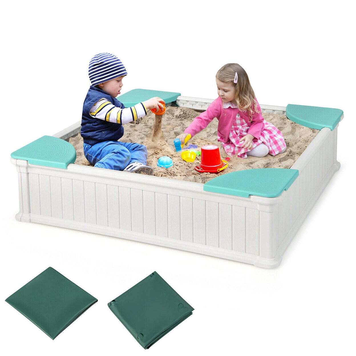 Kids Outdoor Sandbox 48.5 X 48.5 X 12.5 Large Hdpe Sandpit With Oxford Cover