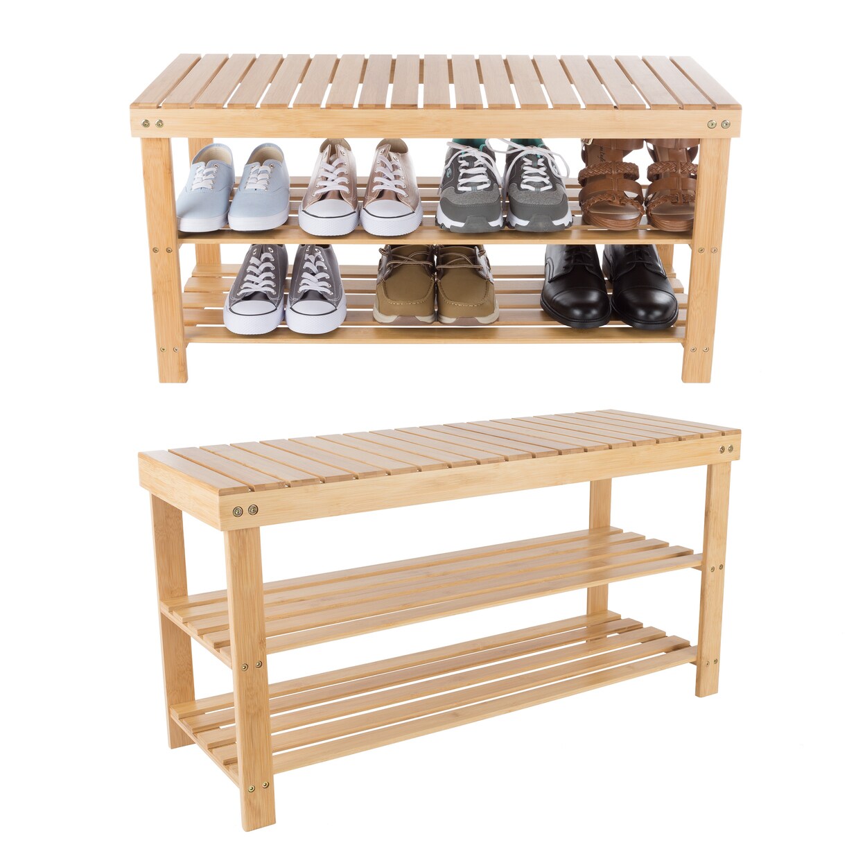 Lavish Home Wooden Bamboo Shoe Rack Seat Bench 3 Tiers 35 x 18 Inch Natural Wood 2 Shelves
