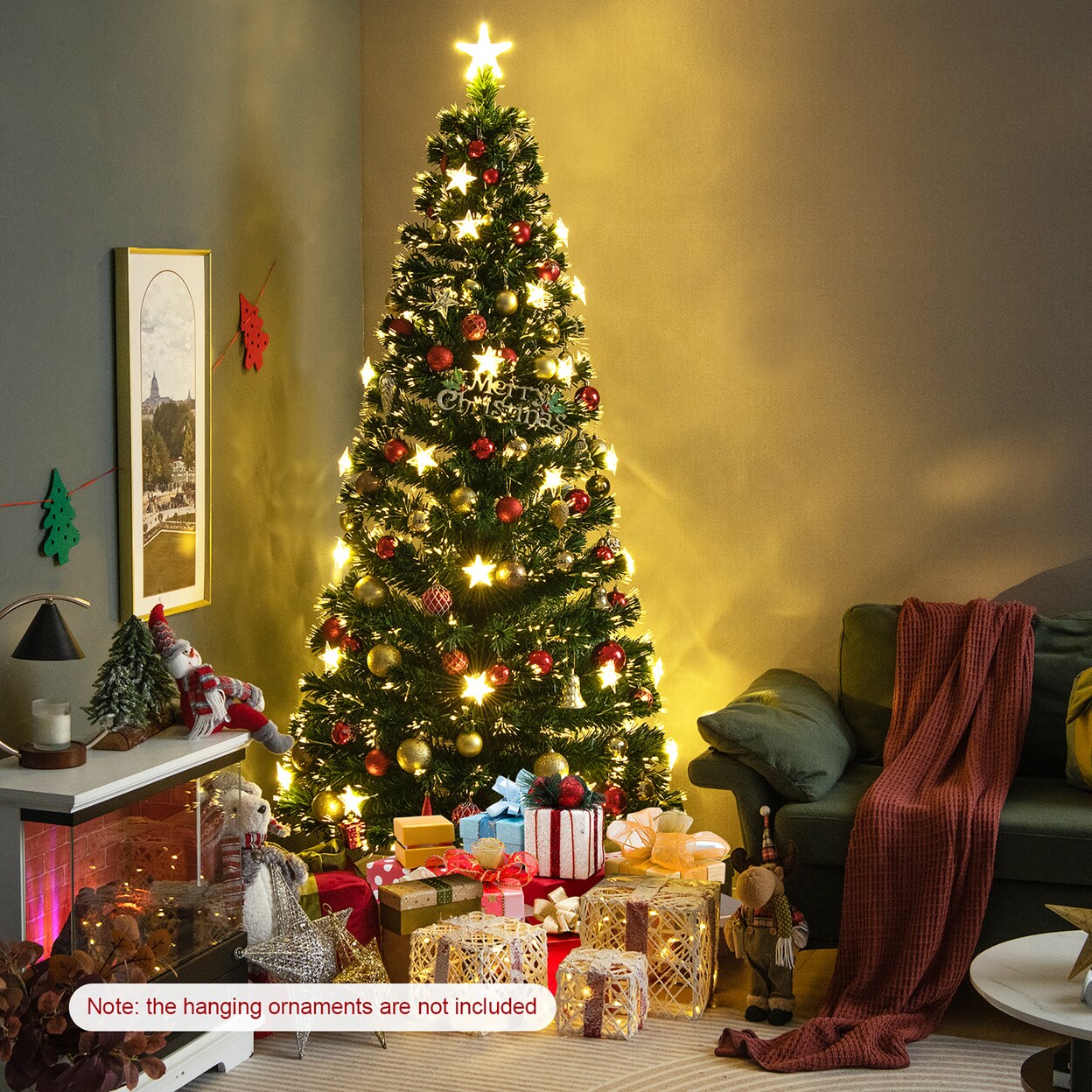 7 Ft Fiber Optic Artificial Christmas Tree Lighted Christmas Tree W/ 40 Star Led Lights And 280 Branch Tips