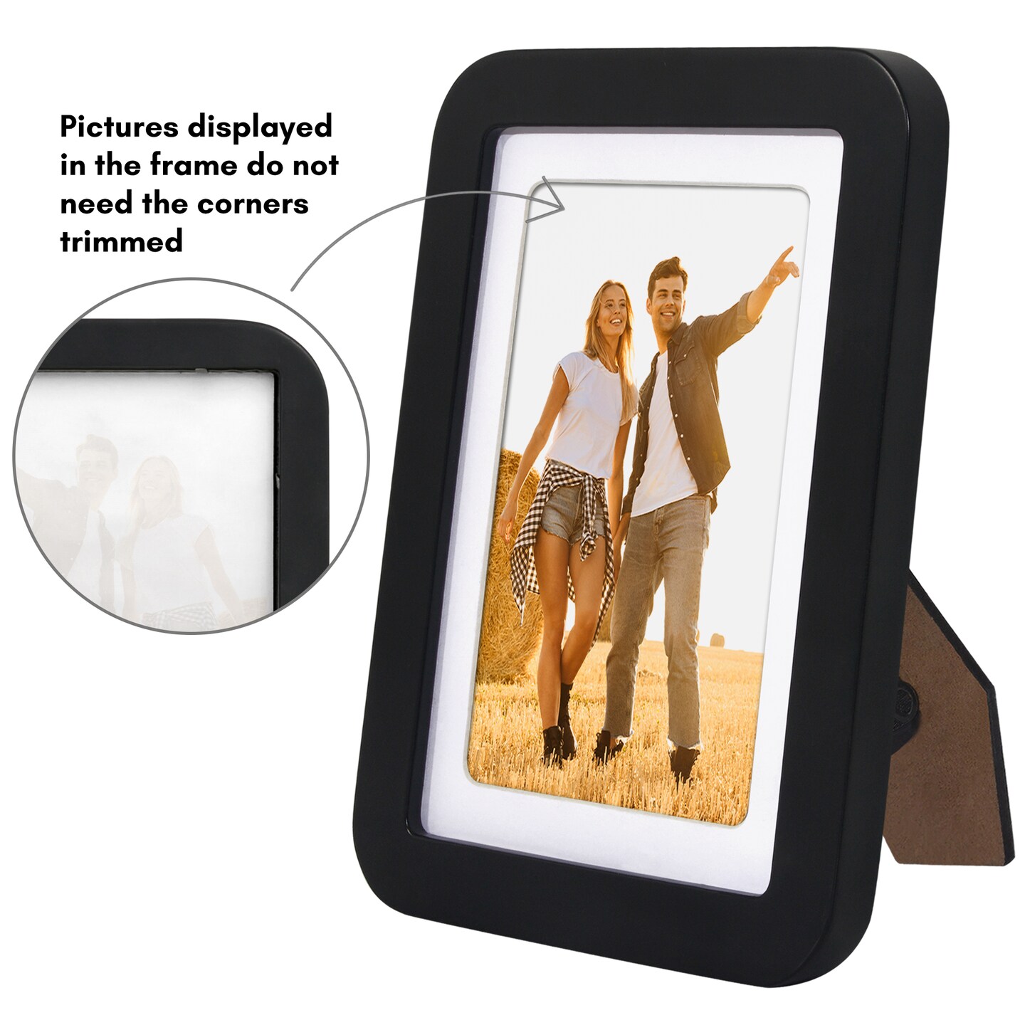 Americanflat Curved Corner Photo Frame with Mat - Picture Frame with Round Corners - Shatter Resistant Glass - Triangle Hanging Hardware - Includes Easel - Black