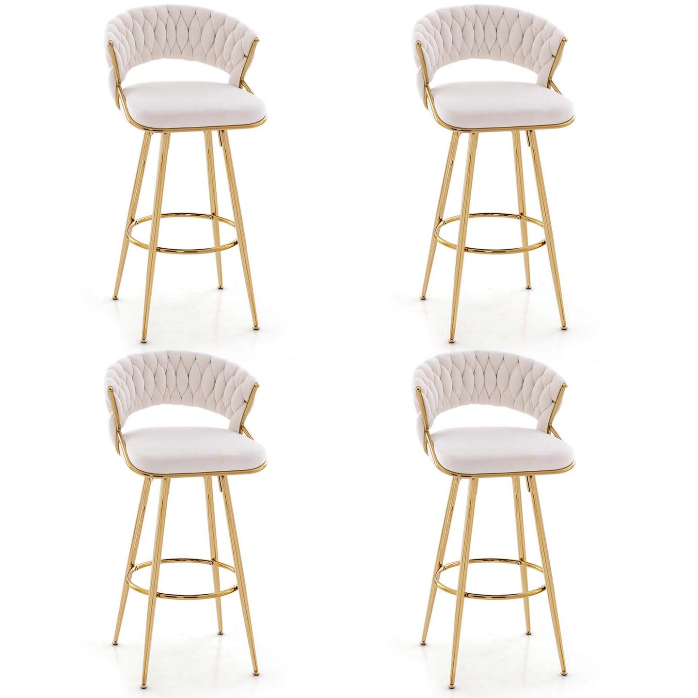 Costway 4 PCS Velvet Bar Stool 29" Bar Height Stools with Woven Backrest & Gold Metal Legs Grey/Beige