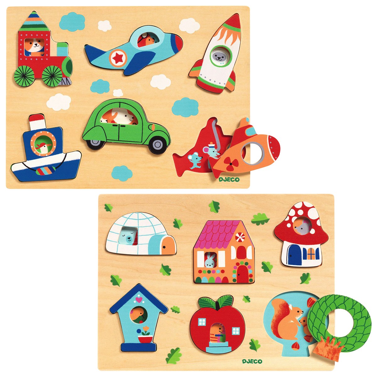 Djeco Things-That-Go &#x26; Animal Homes Colorful Wooden Puzzles - Set of 2 Puzzles