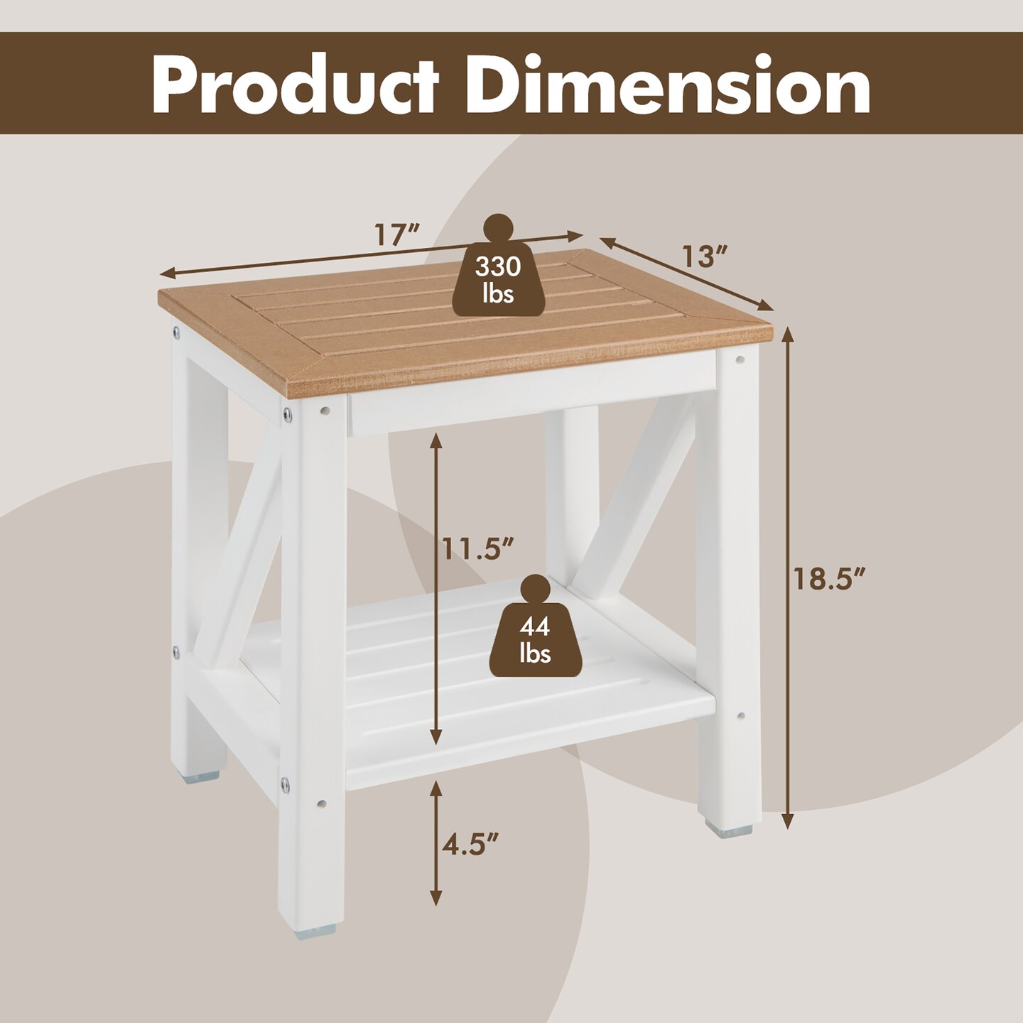Costway 2-Tier Heavy Duty Waterproof HDPE Shower Bench Stool with Bottom Storage Shelf Off  White &#x26; Brown