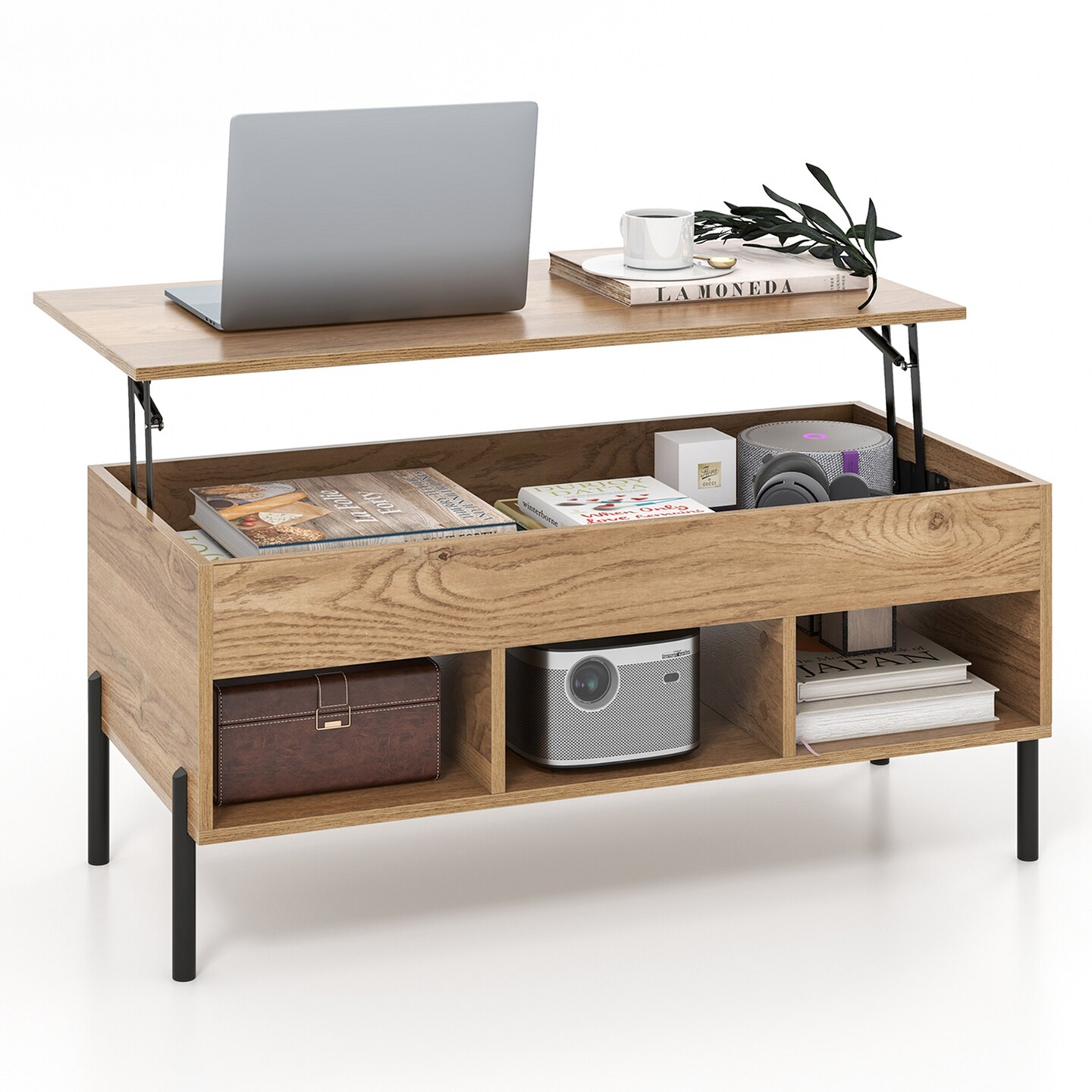 Costway Lift Top Coffee Table with Storage Compartment &#x26; 3 Open Cubbies for Living Room