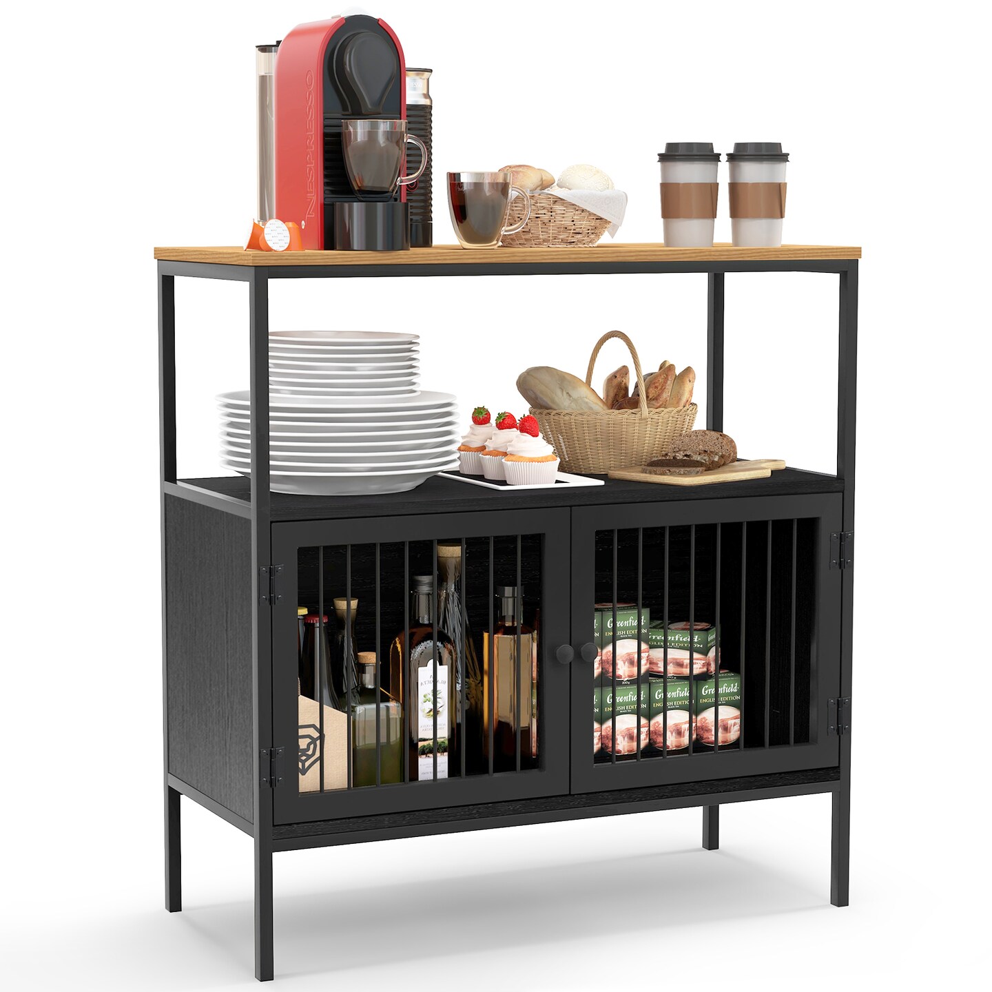 Costway Kitchen Server Buffet Sideboard Storage Cabinet Cupboard with  2 Doors &#x26; Open Shelf