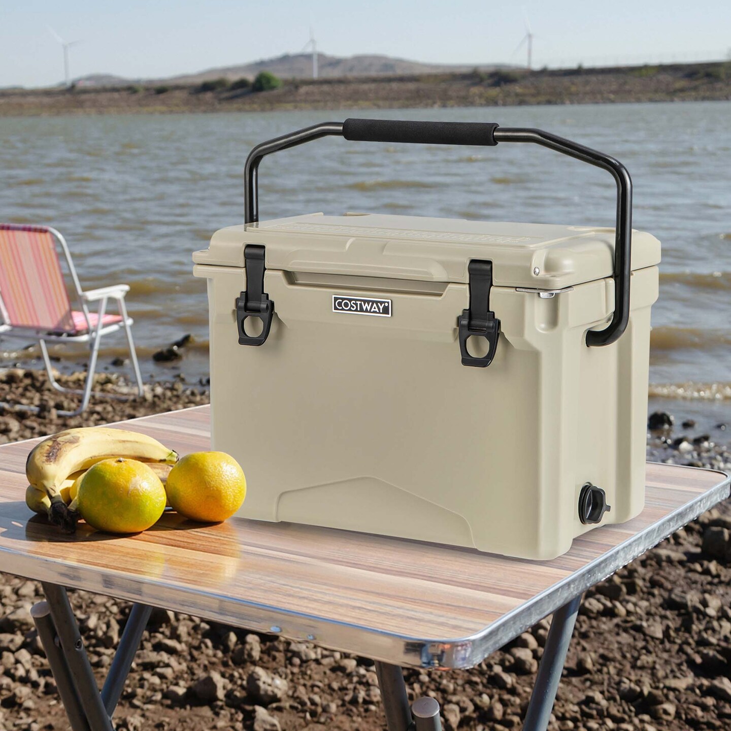 Costway 25 QT Portable Cooler Rotomolded Ice Chest Insulated Ice Box for 5-7 Days Charcoal/Tan