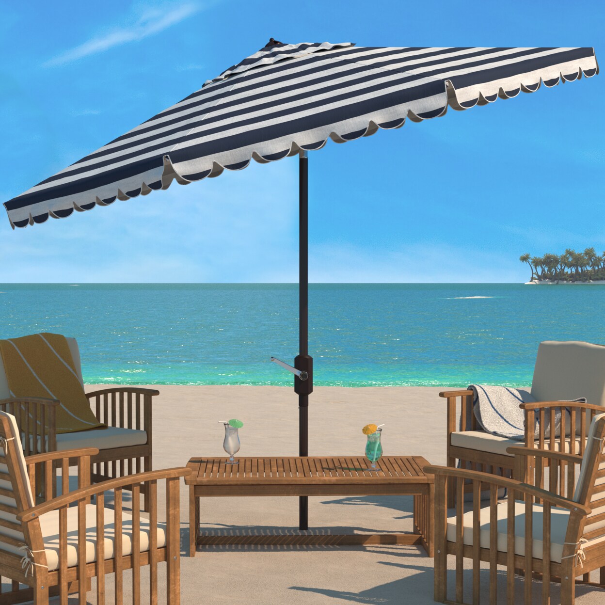 Safavieh   Outdoor Collection Vienna 11-Foot Round Crank Umbrella Black/White