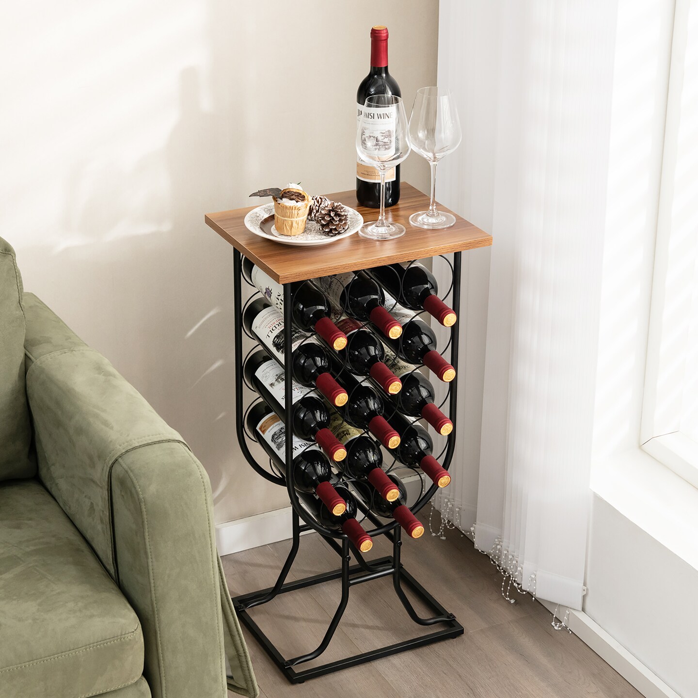 Costway 14 Bottles Wine Rack Console Table Freestanding Wine Storage with Woodtop &#x26; Wheels