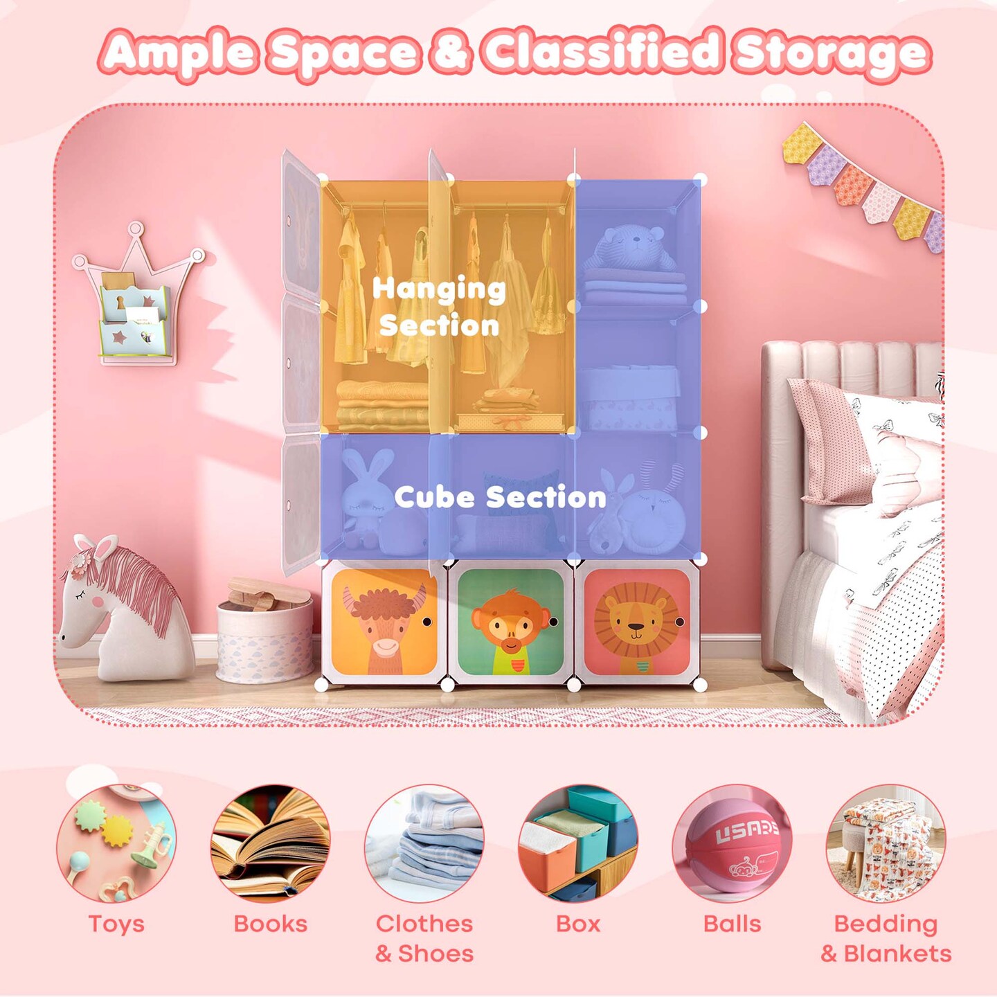 Costway 12-Cube Kids Wardrobe Baby Dresser Bedroom Armoire Clothes Hanging Closet with Door Blue/Pink