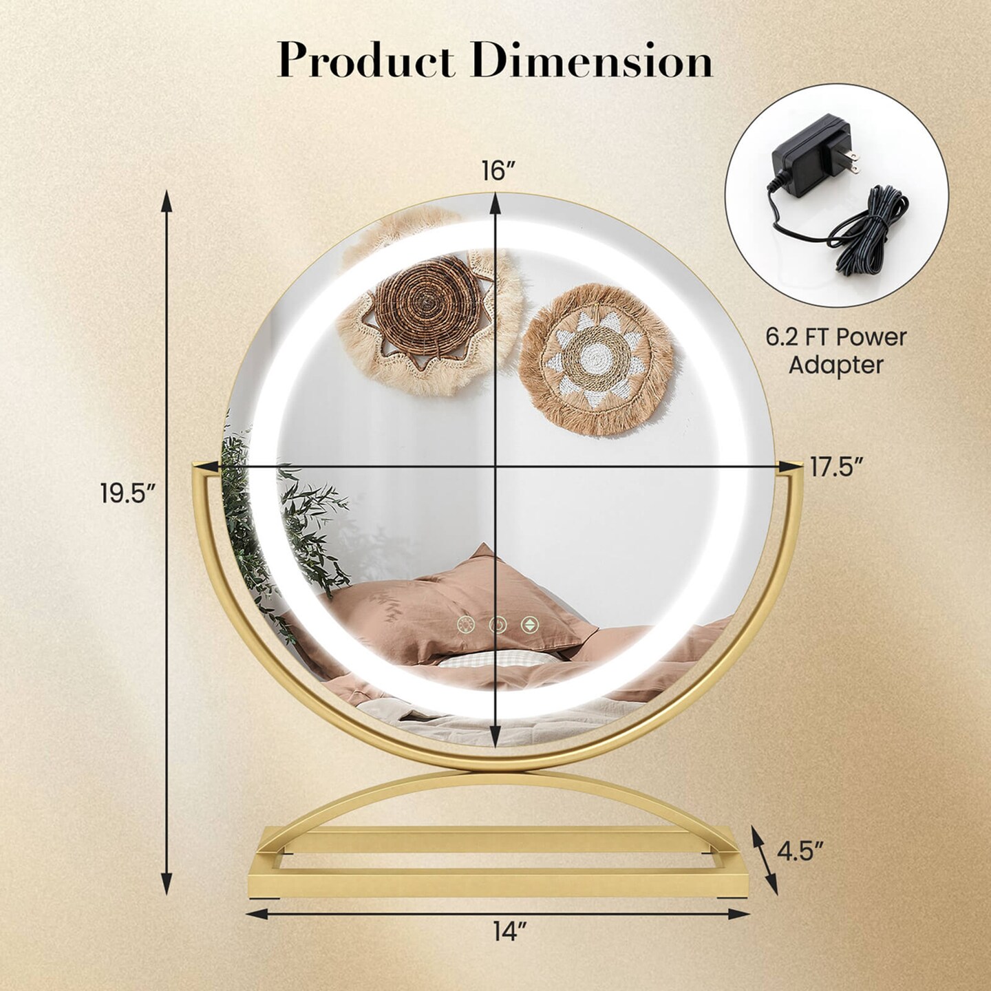 Costway 16&#x22; Round Makeup Vanity Mirror with Lights 3 Color Dimmable Touch Control Black/Gold/White