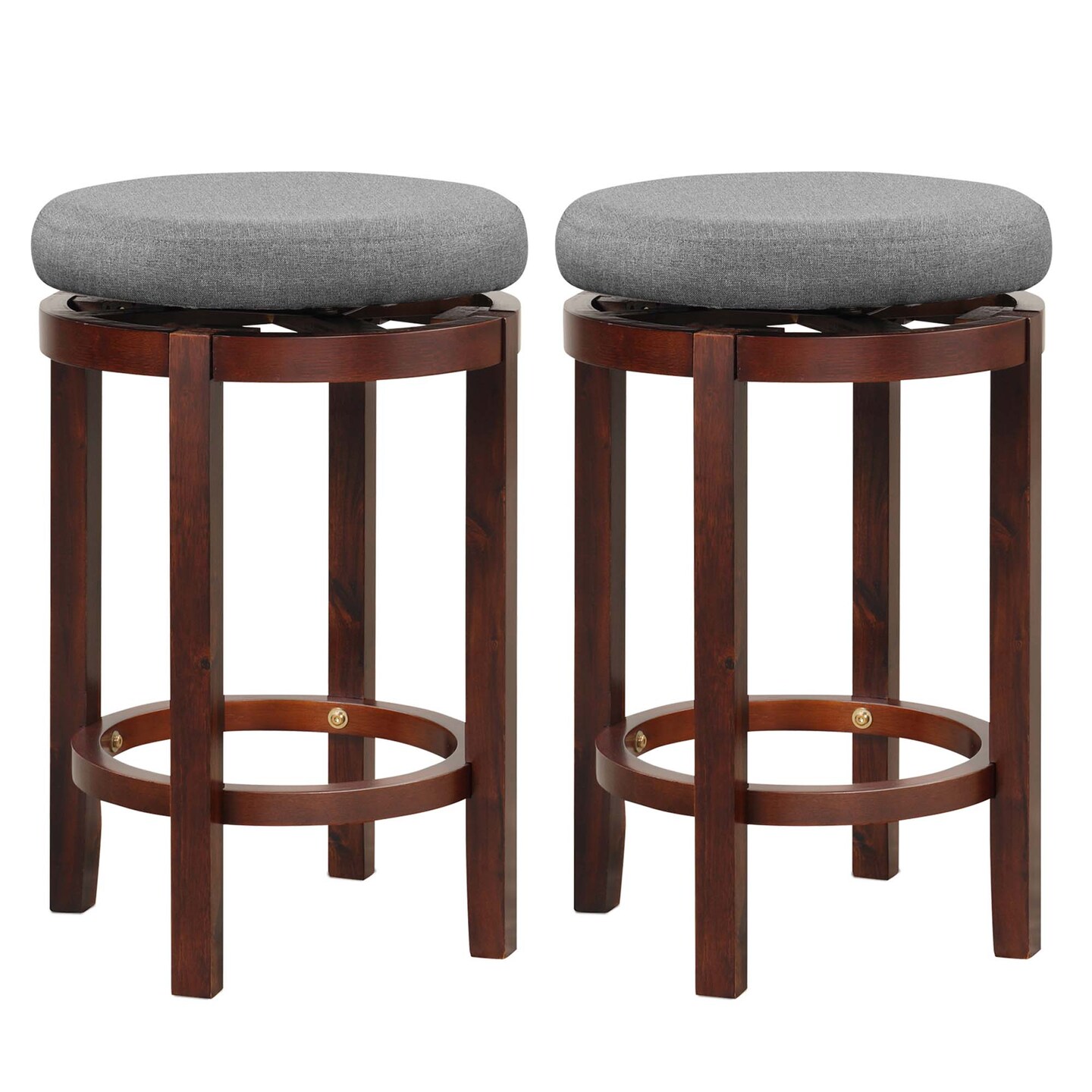 Costway Set of 2 Upholstered Swivel Round Bar Stools 26&#x27;&#x27; Wooden Pub Kitchen Chairs Gray