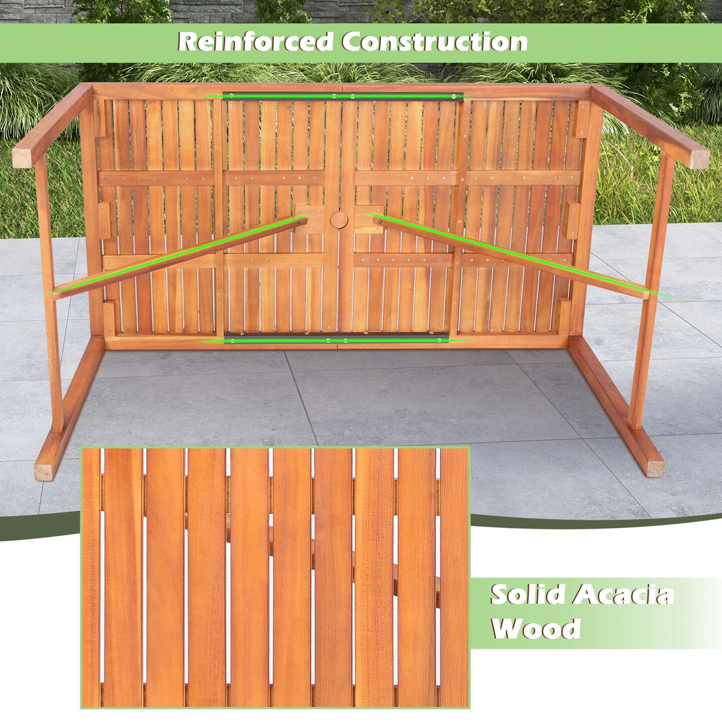 Costway Patio Rectangular Acacia Wood Dining Table 4-6 Person Outdoor 2&#x27;&#x27; Umbrella Hole
