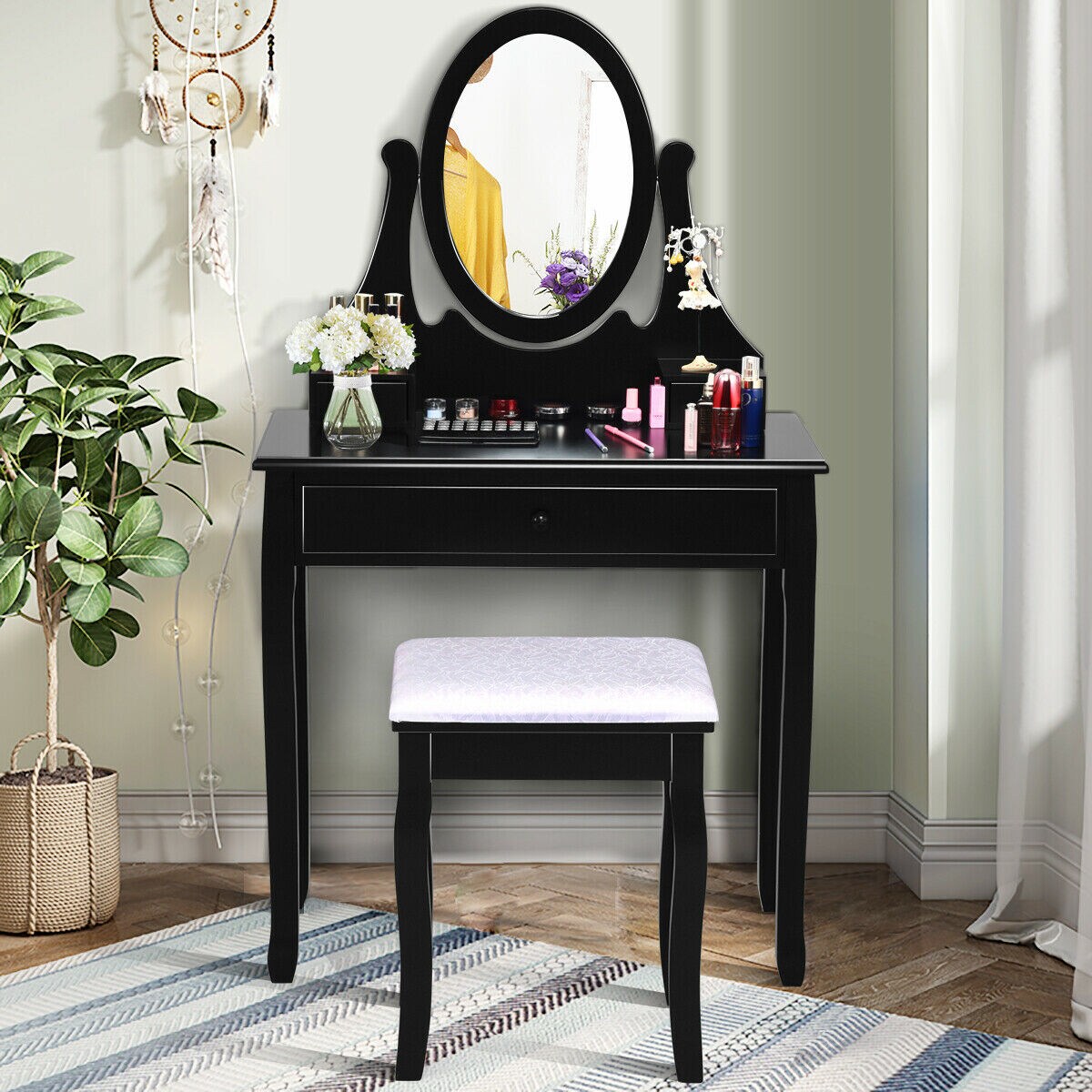 Gymax Bedroom Wooden Mirrored Makeup Vanity Set Stool Table Set