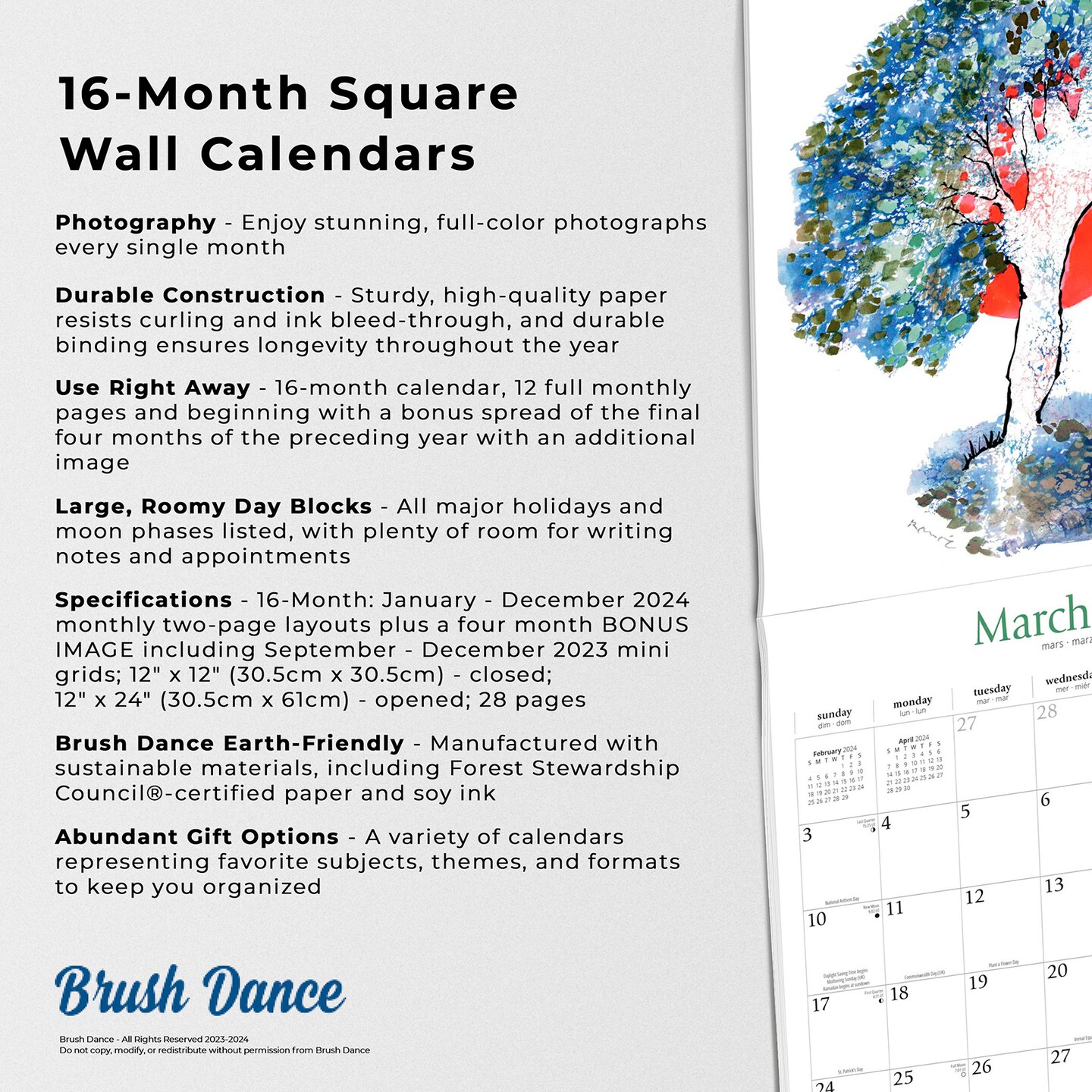 Live with Intention | 2024 12 x 24 Inch Monthly Square Wall Calendar | Brush Dance | Art Paintings Inspiration Motivation