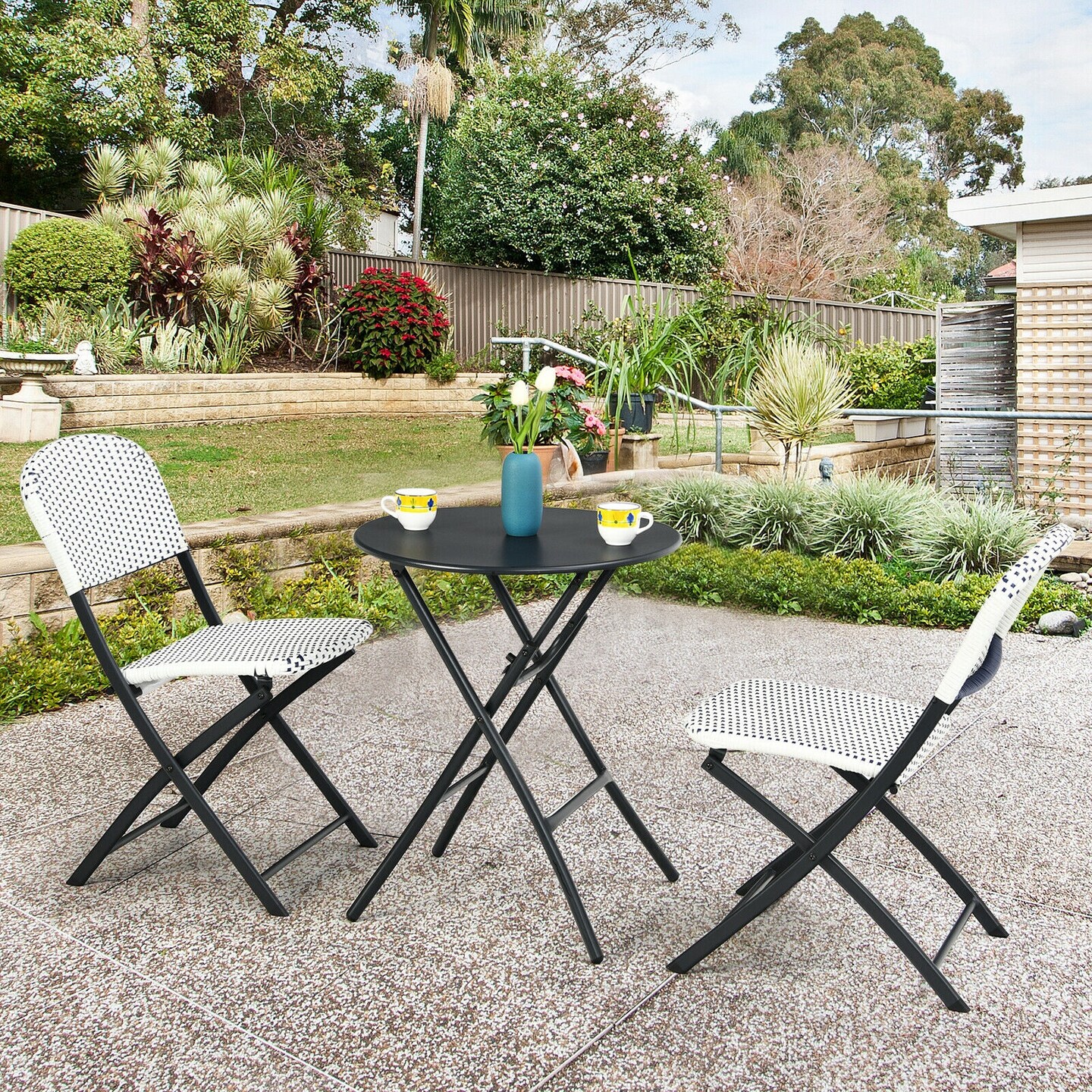 3 Pieces Patio Rattan Bistro Set with Round Dining Table and 2