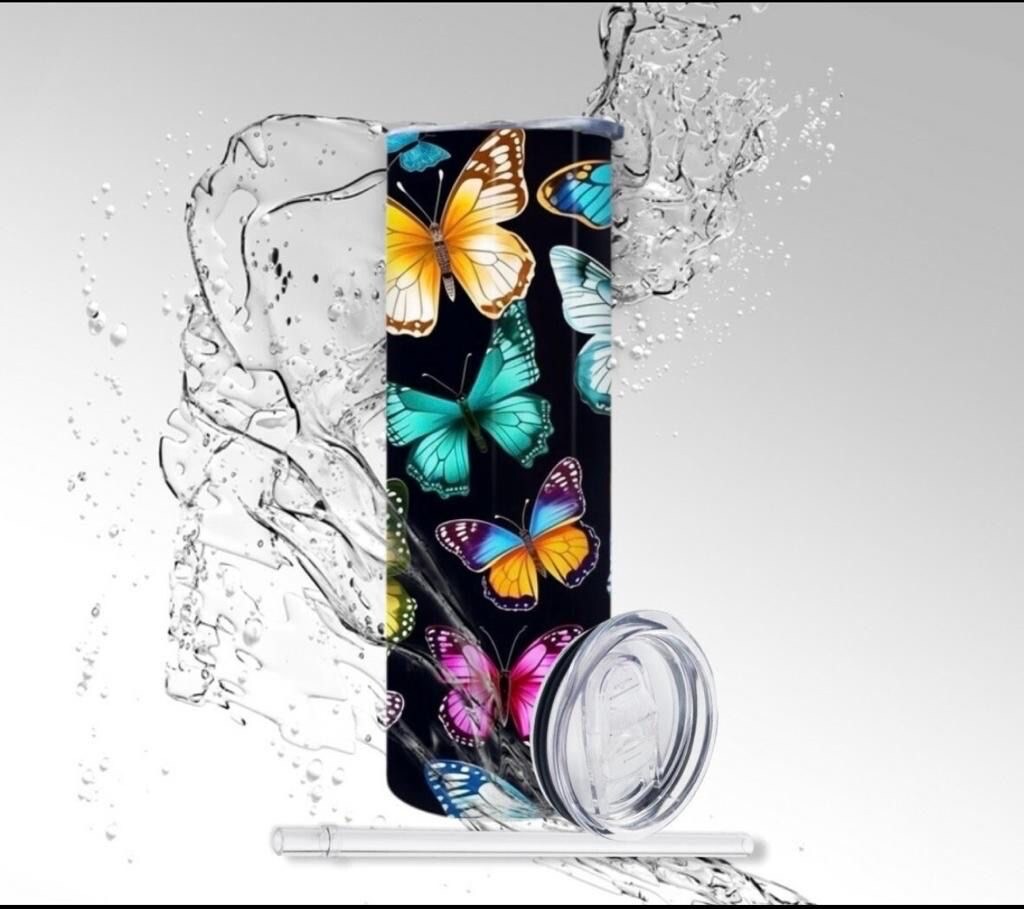 Tumbler Rainbow Pattern Butterflies, Sublimation 20 oz Skinny Tumbler