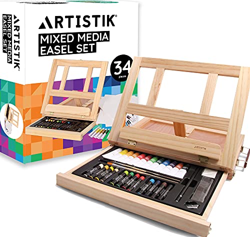Mixed Media Art Set - 34 Piece, Easel Painting Kit with Wood Table Desk Top  Easel Box Includes Acrylic Paints, 3 Canvas Boards, Pastels, Desktop Art