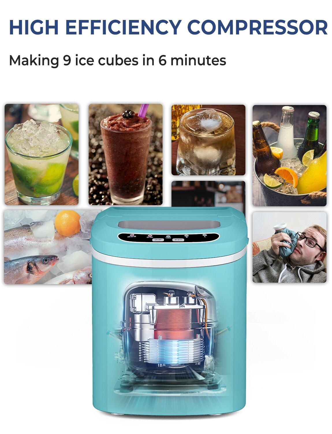 9 Bullet-Shaped Ice Cubes Mini Portable Compact Electric Ice Maker Machine